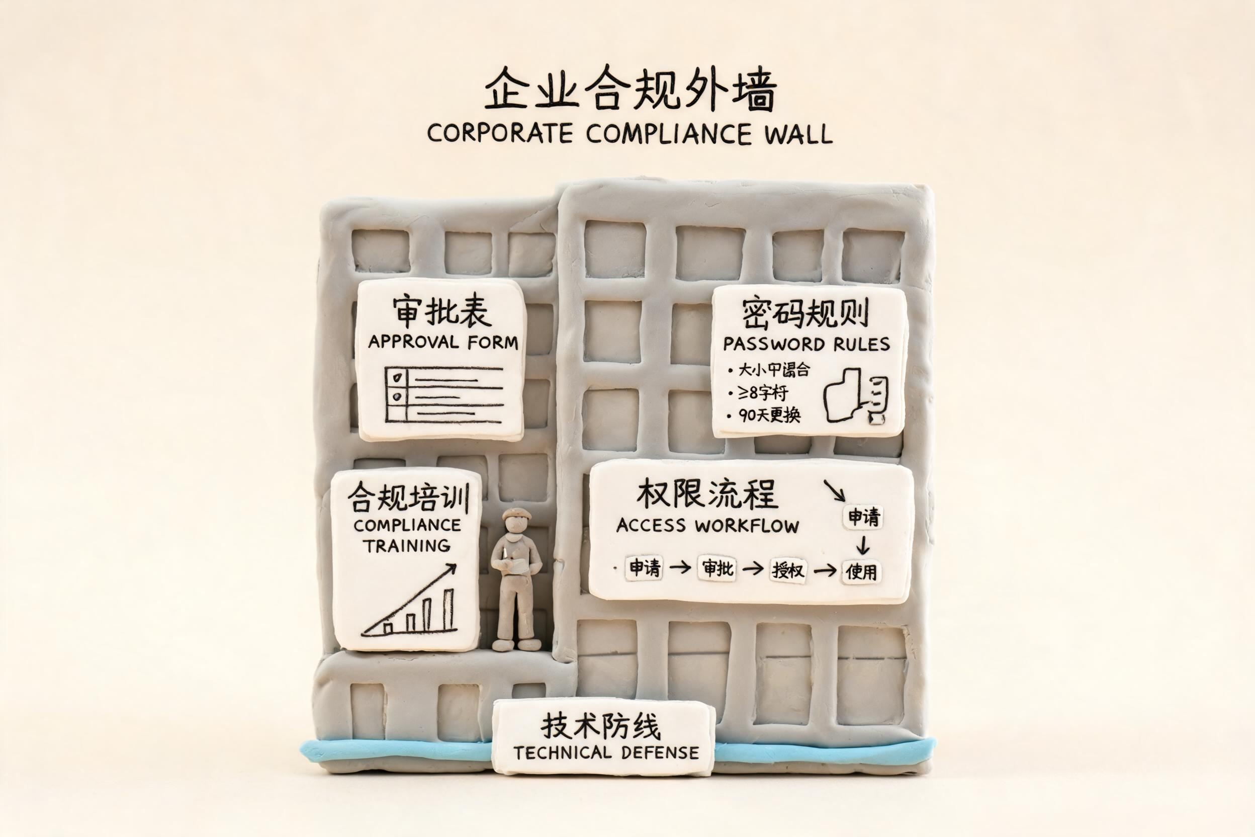 一座企业大楼外层贴满审批表、密码规则、合规培训和权限流程标签，底部技术防线很薄，浅色背景的商业评论版橡皮泥平面信息图的统一风格。