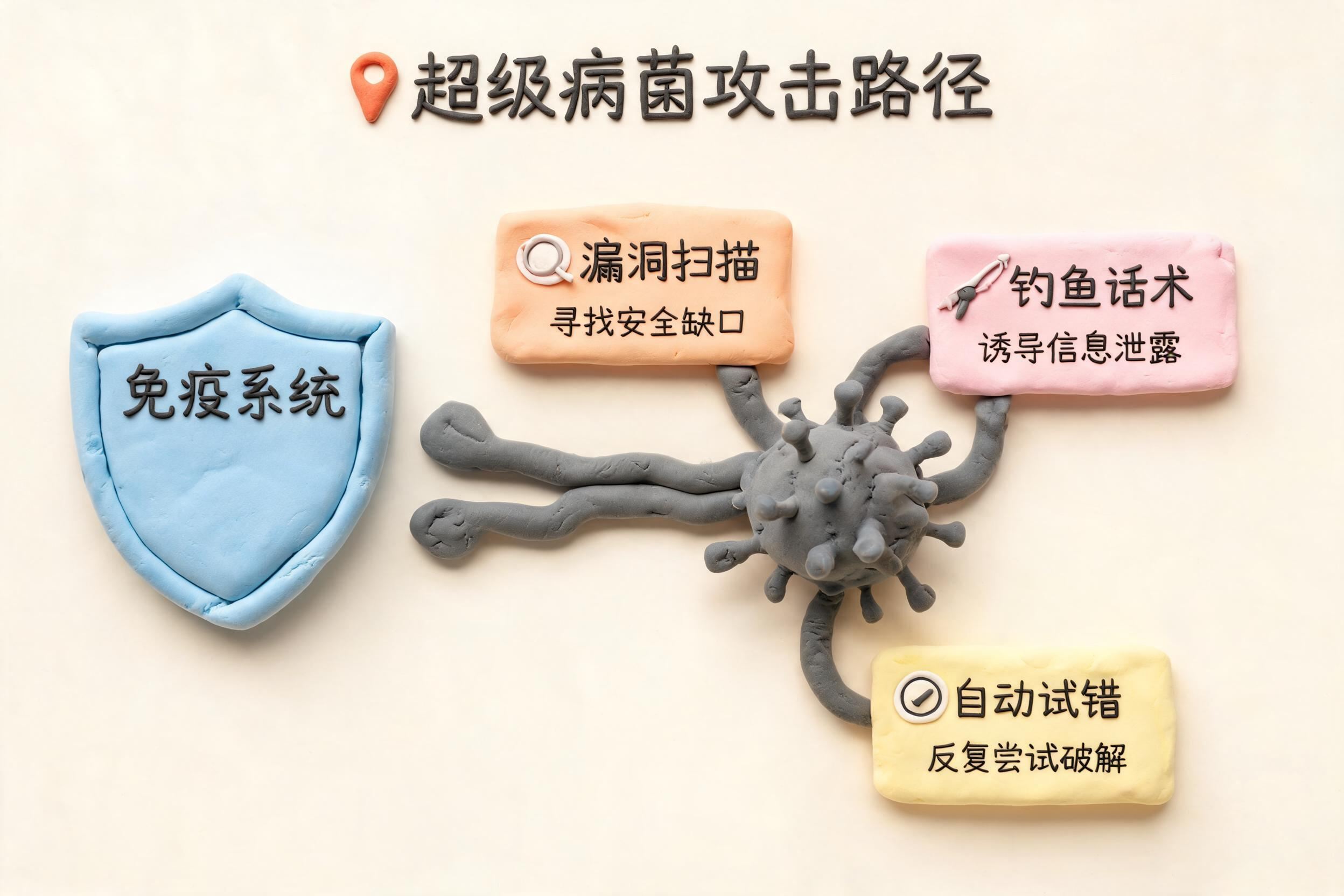 一株会变形的超级病菌绕过盾牌形免疫系统，触手分别连接漏洞扫描、钓鱼话术和自动试错三个模块，浅色背景的商业评论版橡皮泥平面信息图的统一风格。