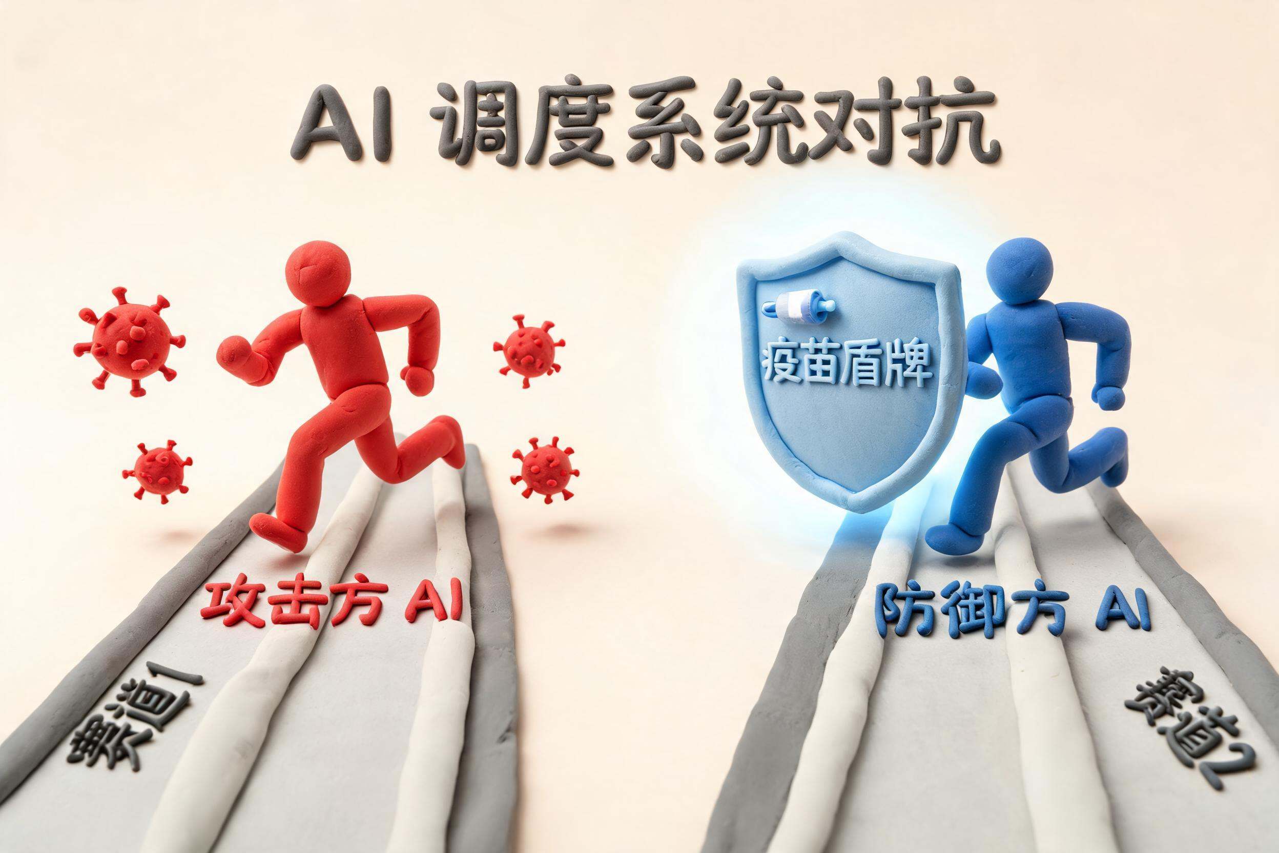 两条赛道上攻击方和防御方的 AI 调度系统同时高速奔跑，防御方手里制造发光疫苗盾牌，浅色背景的商业评论版橡皮泥平面信息图的统一风格。