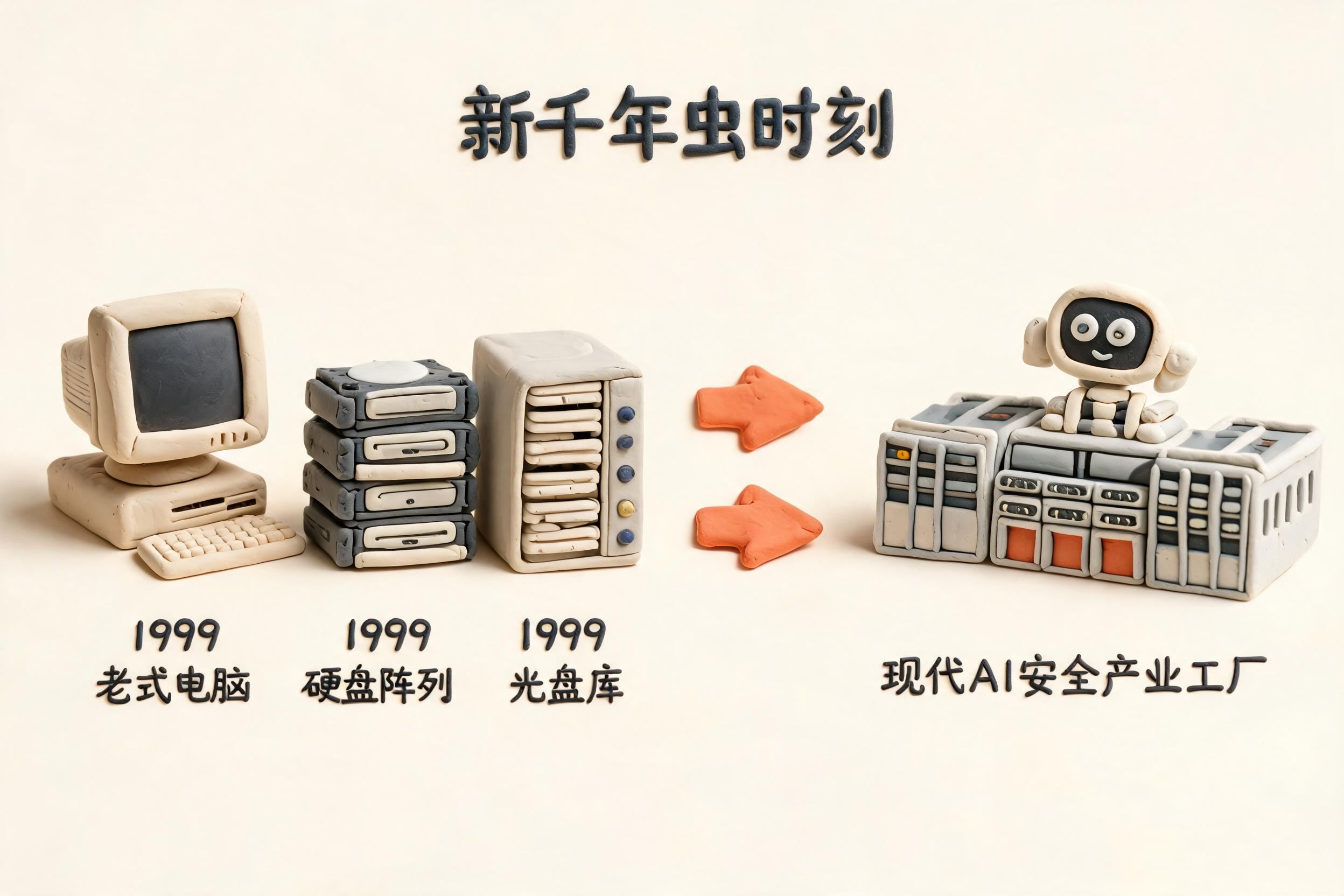 1999 年的老式电脑、硬盘阵列和光盘库被升级箭头连接到现代 AI 安全产业工厂，旁边标注“新千年虫时刻”，浅色背景的商业评论版橡皮泥平面信息图的统一风格。