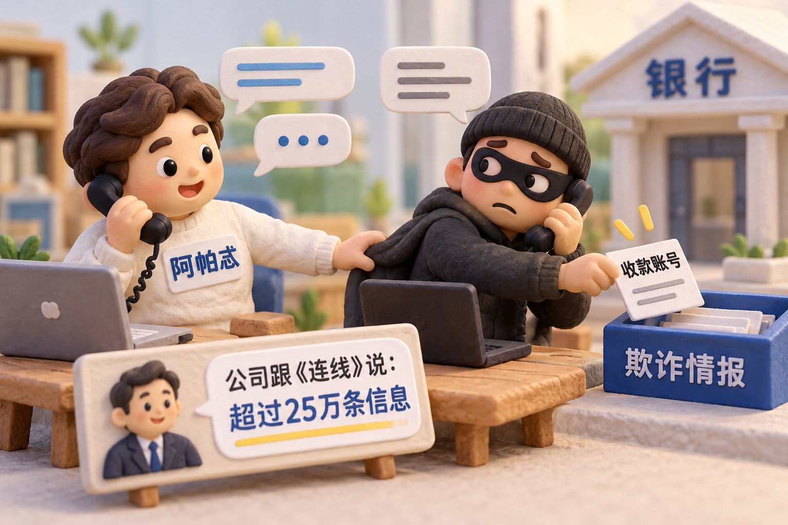 两名橡皮泥小人隔着电话交谈，左边的AI受害者轻轻拖住右边的骗子，骗子终于把一张写有“收款账号”的小纸条递出；纸条被送进后方银行的反诈资料盒