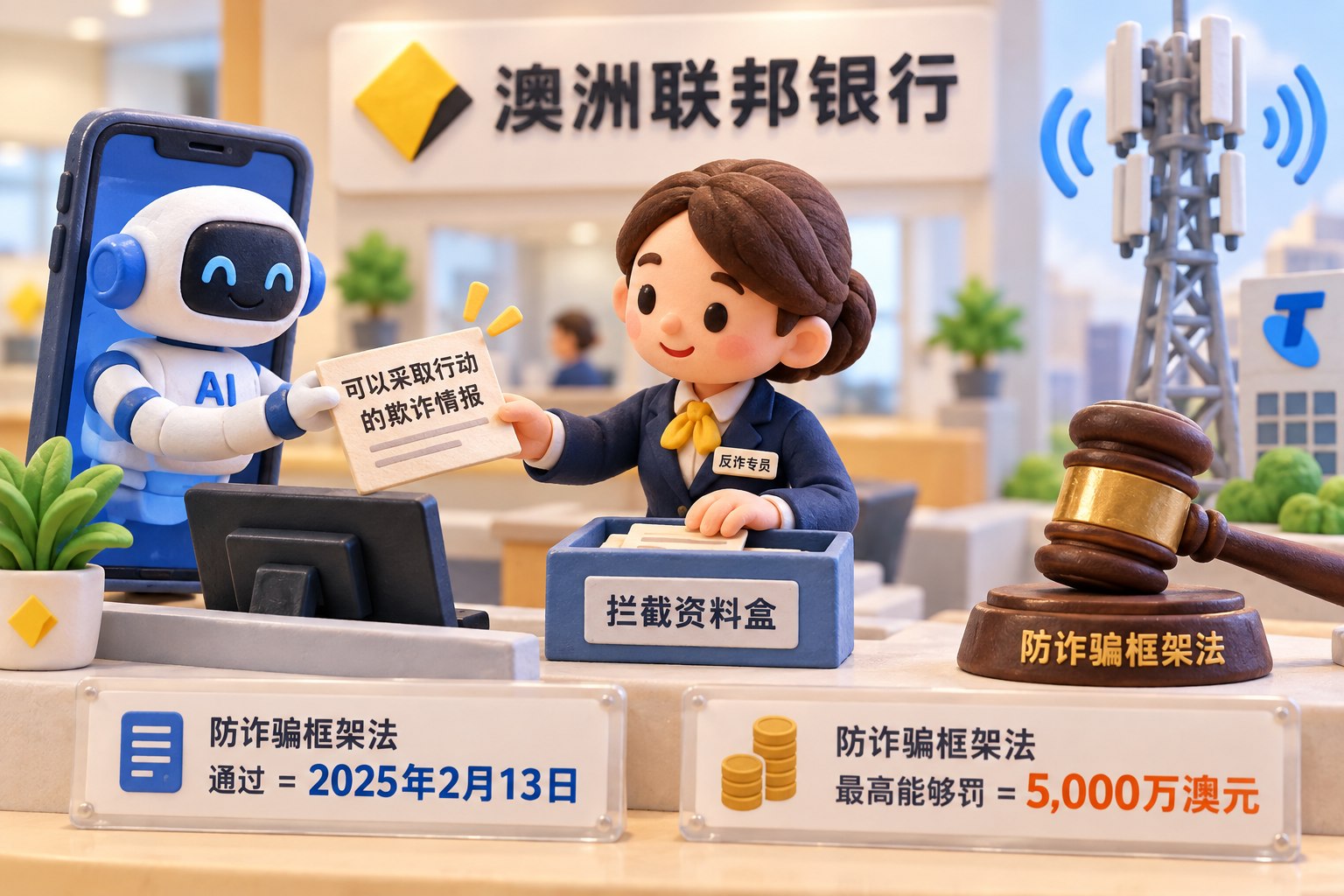 微缩银行柜台接过AI从电话里取得的一张“欺诈情报”纸条，旁边的小法槌和电信基站象征银行与电信运营商面临的防诈骗义务；银行反诈人员正在把纸条放入拦截资料盒