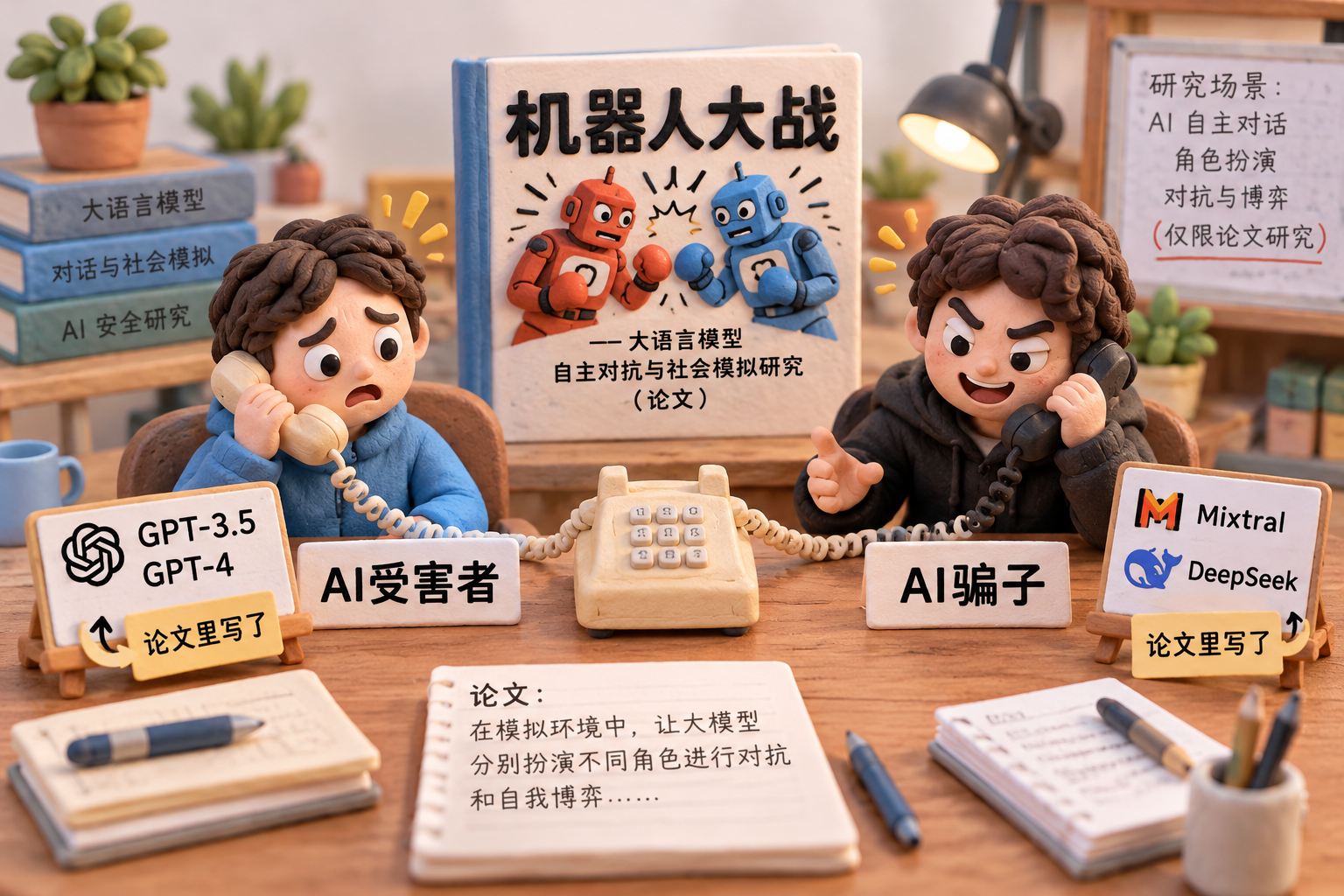 一座橡皮泥微缩实验桌，桌中央放着电话，左侧“AI受害者”小人接电话，右侧“AI骗子”小人打电话，两侧用同样的人设、口音与话筒道具表现技术被倒过来用；后方一张小书封面写“机器人大战”，让画面保持论文中的陪练语境，不画真实犯罪团伙已经采用该论文模型