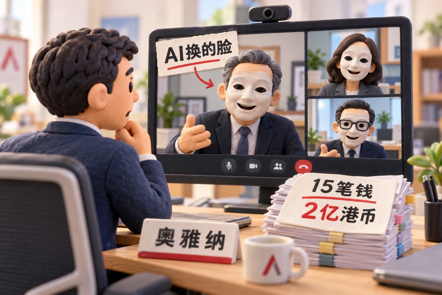 橡皮泥办公室里，一名奥雅纳员工坐在视频会议屏幕前，屏幕中的财务总监和同事以明显的橡皮泥面具表现“AI换的脸”；桌上有一叠转账单，视觉重心是这场会议的欺骗风险