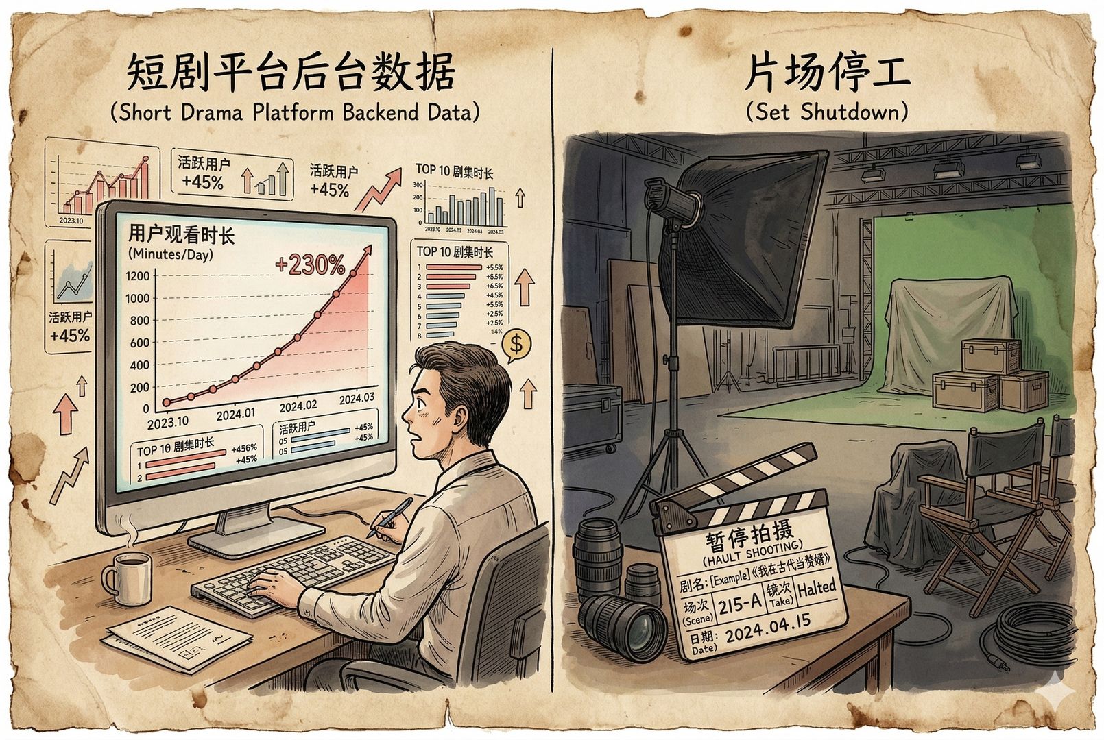 短剧平台后台数据与片场停工形成对照，一侧是不断上升的用户时长曲线，另一侧是空荡摄影棚、熄灭补光灯和暂停拍摄的场记板，羊皮纸，钢笔彩色手绘的统一风格。