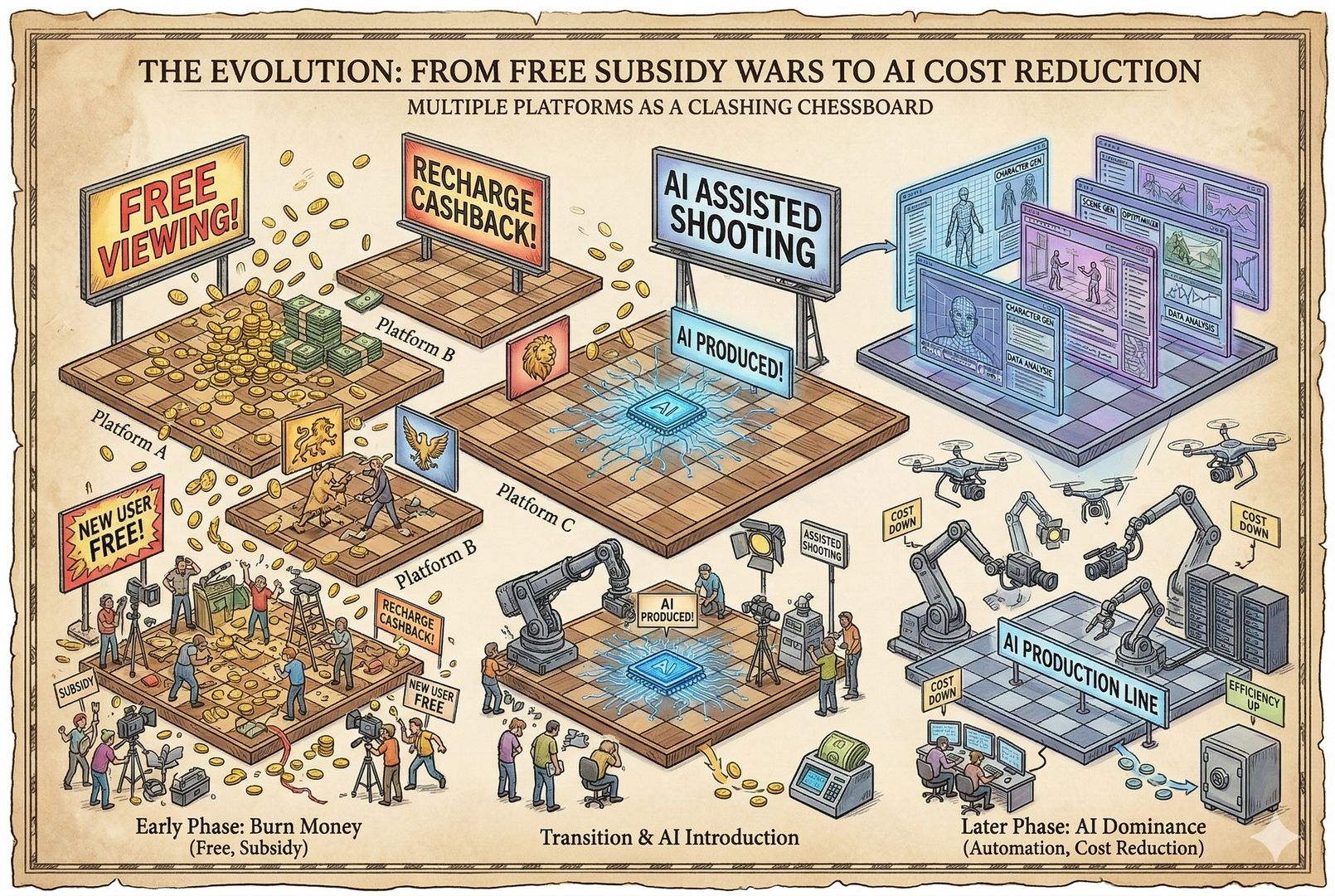 免费补贴大战到AI降本的演变图景，几家平台像摊开的棋盘互相厮杀，金币、广告牌与AI生成界面交织，片场人员逐渐被机械化流程取代，羊皮纸，钢笔彩色手绘的统一风格。