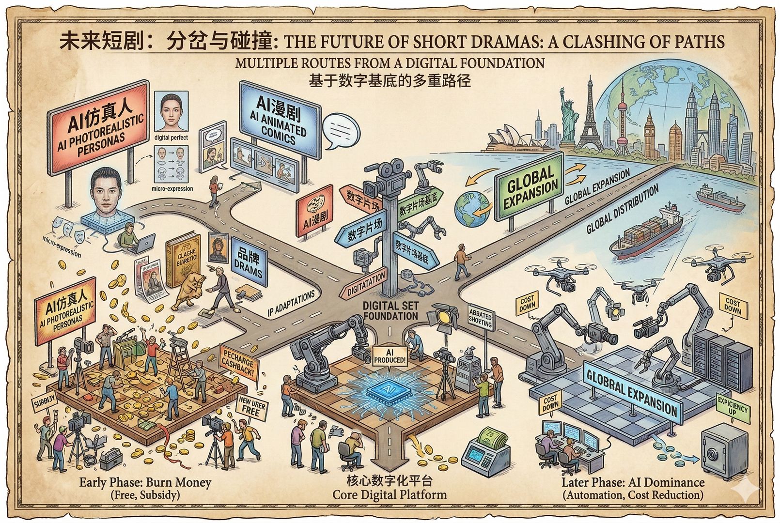 未来短剧分岔道路的场景，中间是一条主路分向AI仿真人、AI漫剧、IP改编、品牌剧和出海，多块路牌立在数字片场前，远处是海外城市天际线，羊皮纸，钢笔彩色手绘的统一风格。