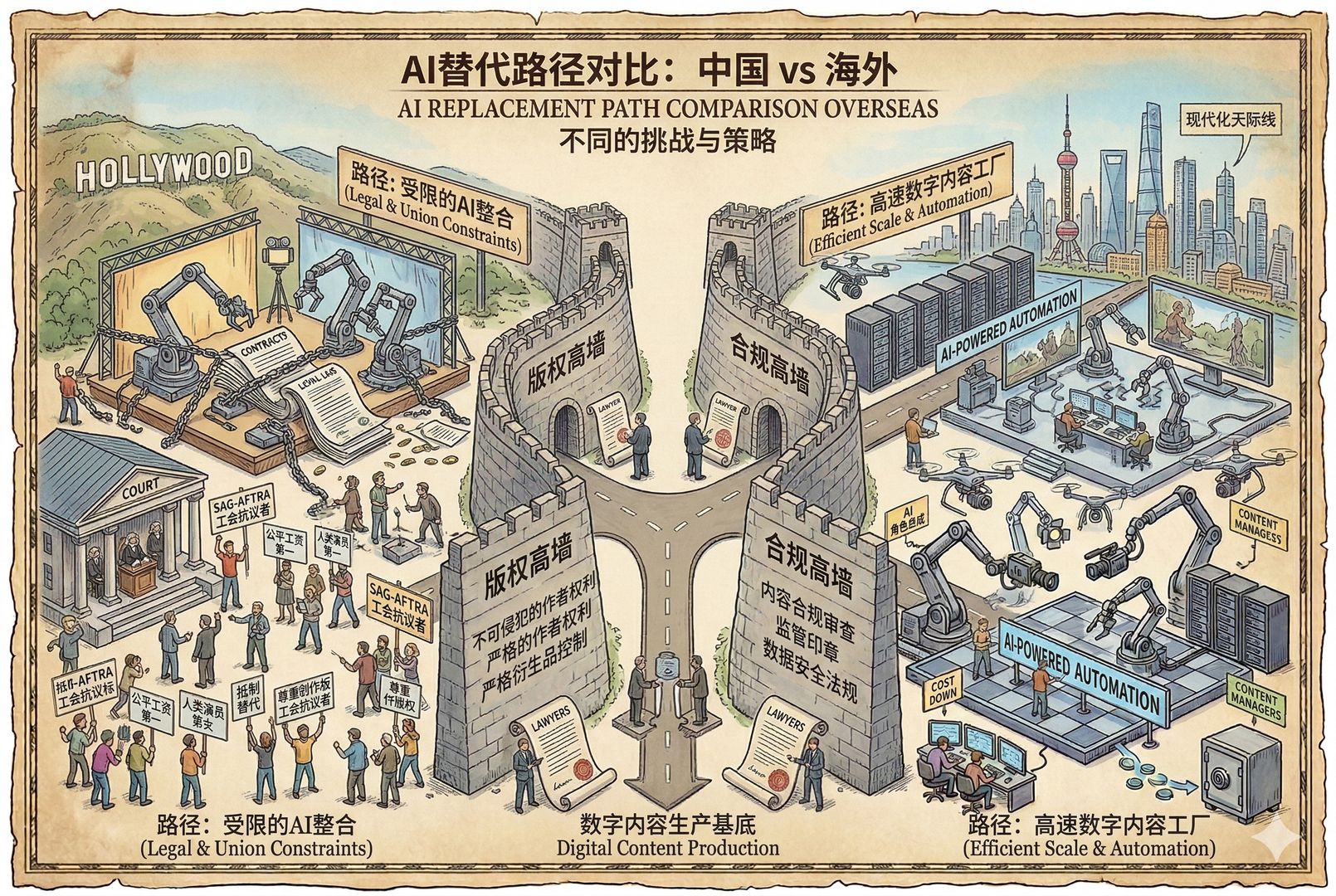 中国与海外AI替代路径的对比画面，一边是法庭与工会标语包围的好莱坞片场，另一边是高速运转的中国数字内容工厂，中间隔着版权与合规两道高墙，羊皮纸，钢笔彩色手绘的统一风格。