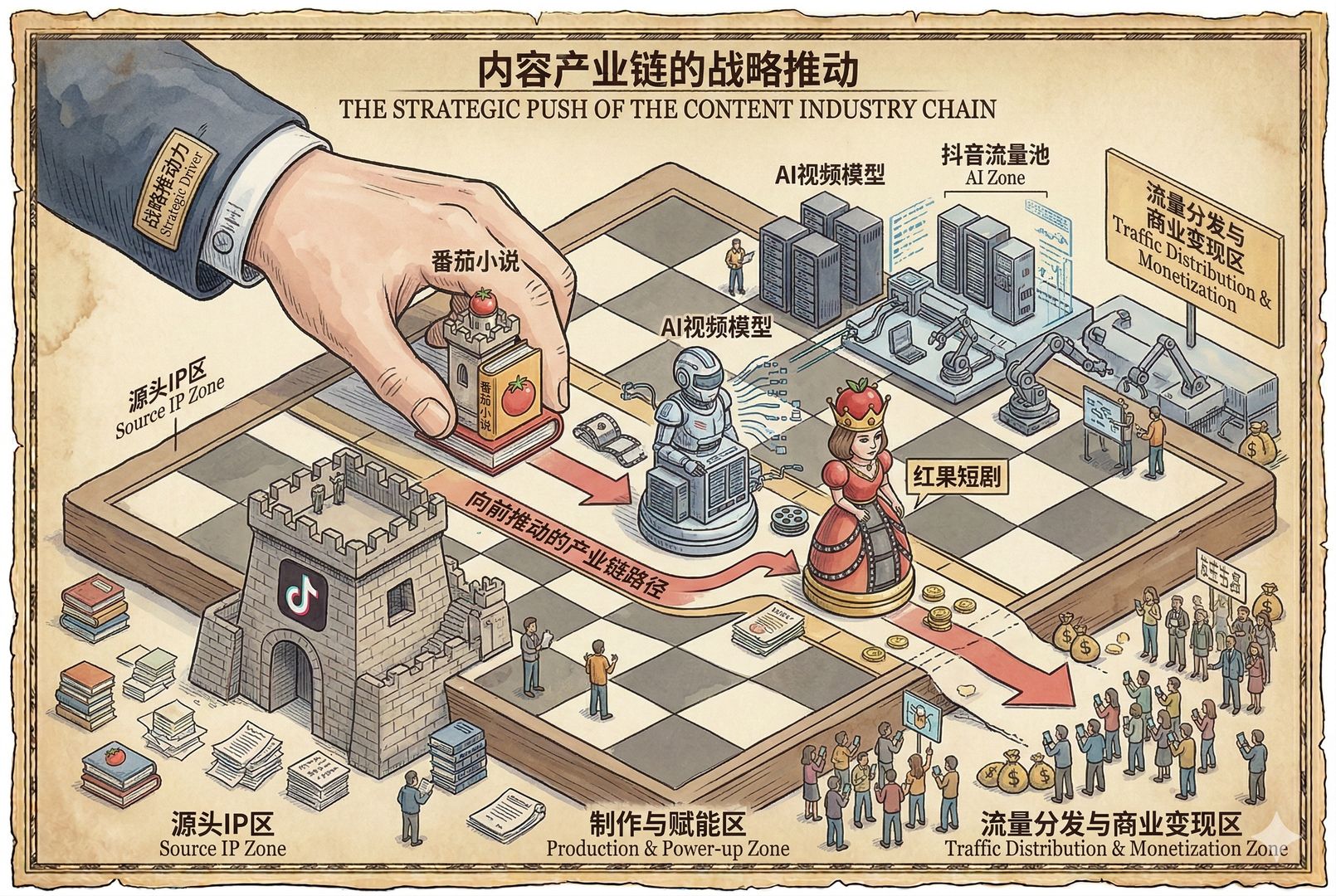 巨大的商业棋盘上摆着番茄小说、红果短剧、抖音流量池和AI视频模型几个关键棋子，执棋者的手正推动整条内容产业链向前，羊皮纸，钢笔彩色手绘的统一风格。
