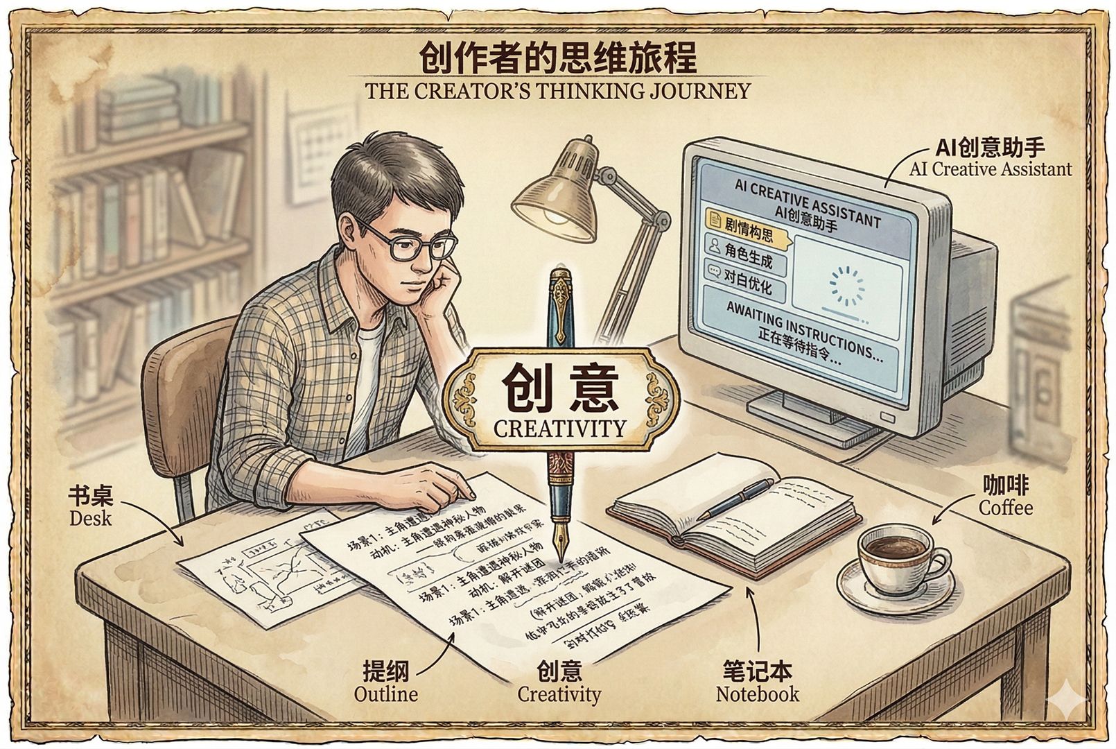 普通创作者坐在书桌前思考故事，桌上摊开手写提纲、咖啡杯和笔记本，背后屏幕里的AI工具像助手一样等待调用，焦点落在“创意”二字，羊皮纸，钢笔彩色手绘的统一风格。