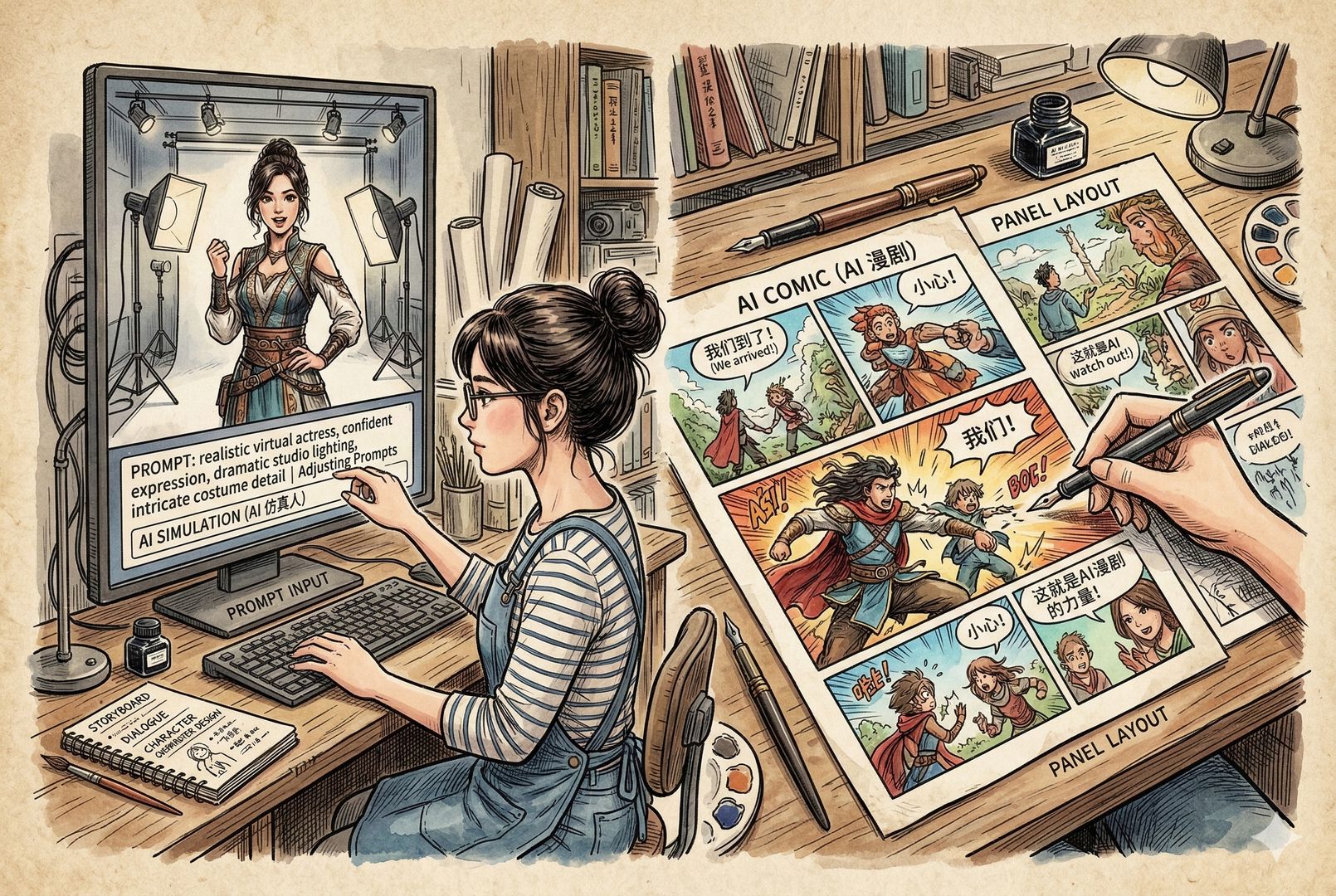 AI仿真人与AI漫剧并列展示的创作台，一边是逼真的虚拟演员站在灯光下，另一边是色彩鲜明的漫画分镜铺满桌面，创作者在屏幕前调整提示词，羊皮纸，钢笔彩色手绘的统一风格。