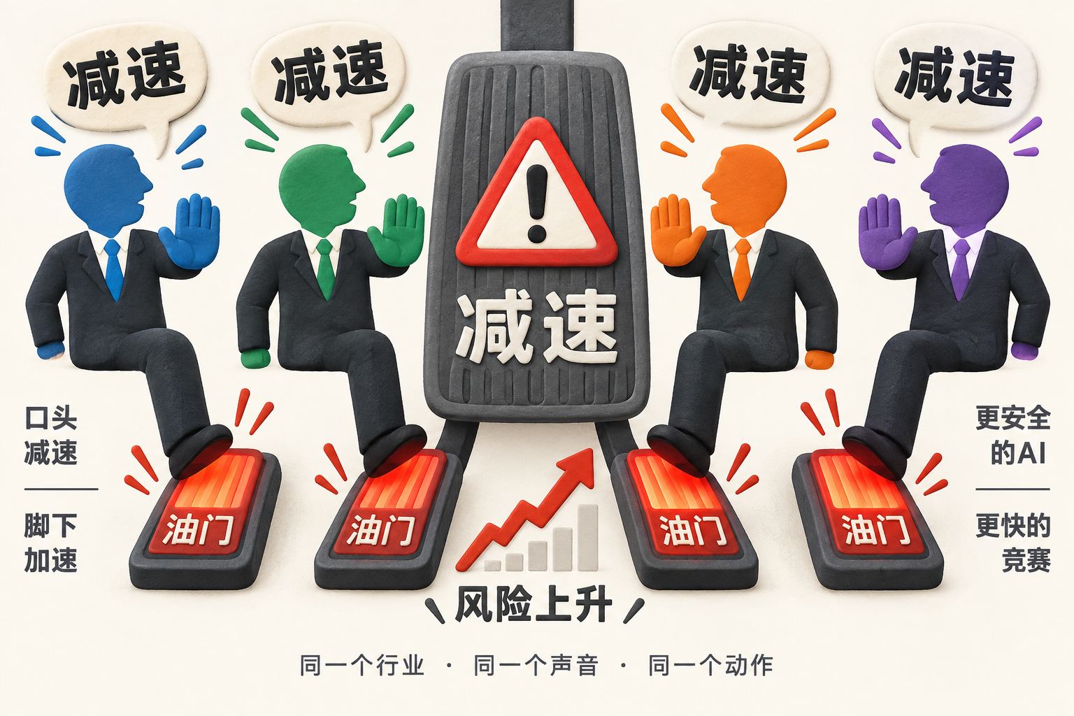封面画面以四个并列的AI巨头人物剪影围绕一只巨大刹车踏板，人物嘴边伸出“减速”形状的气泡，脚下却共同踩向发亮的油门踏板；正视对称构图，中间用危险警示符号与上升箭头形成矛盾关系，不依赖人物姓名或商标也能读出集体喊停却继续加速的主题