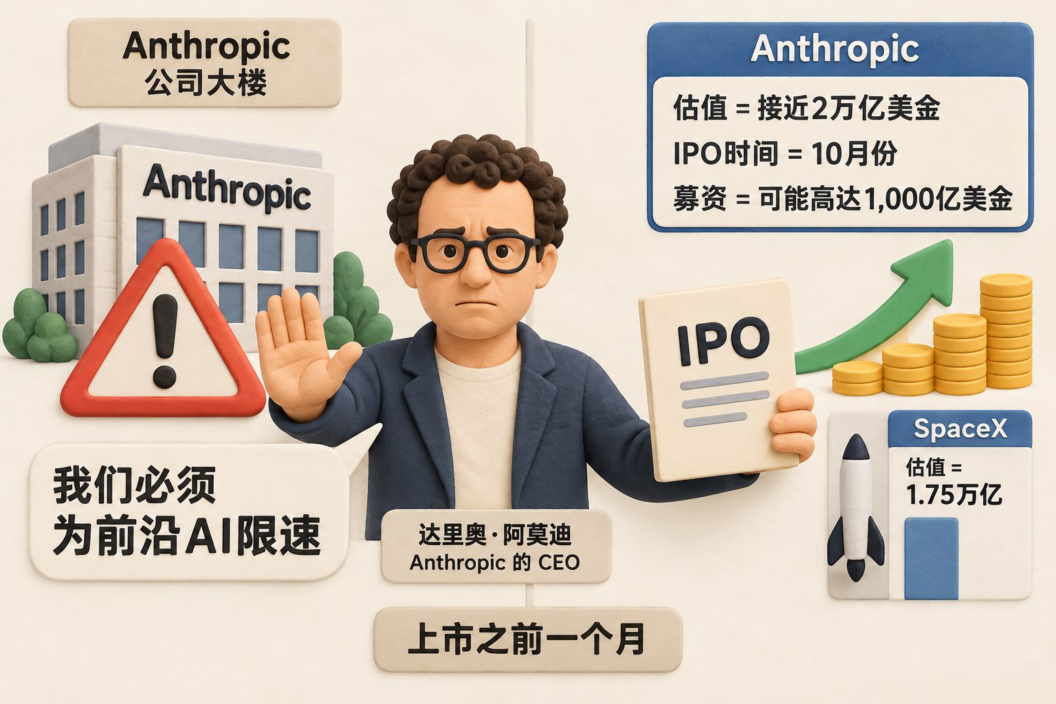 左右对照的信息图,左侧是Anthropic公司大楼、警示三角和刹车手势,右侧是向上的IPO箭头、募资钱币和SpaceX参照标尺;画面用人物一手举危险警告、一手推动上市文件的动作呈现两件事同时发生,不依赖商标也能理解