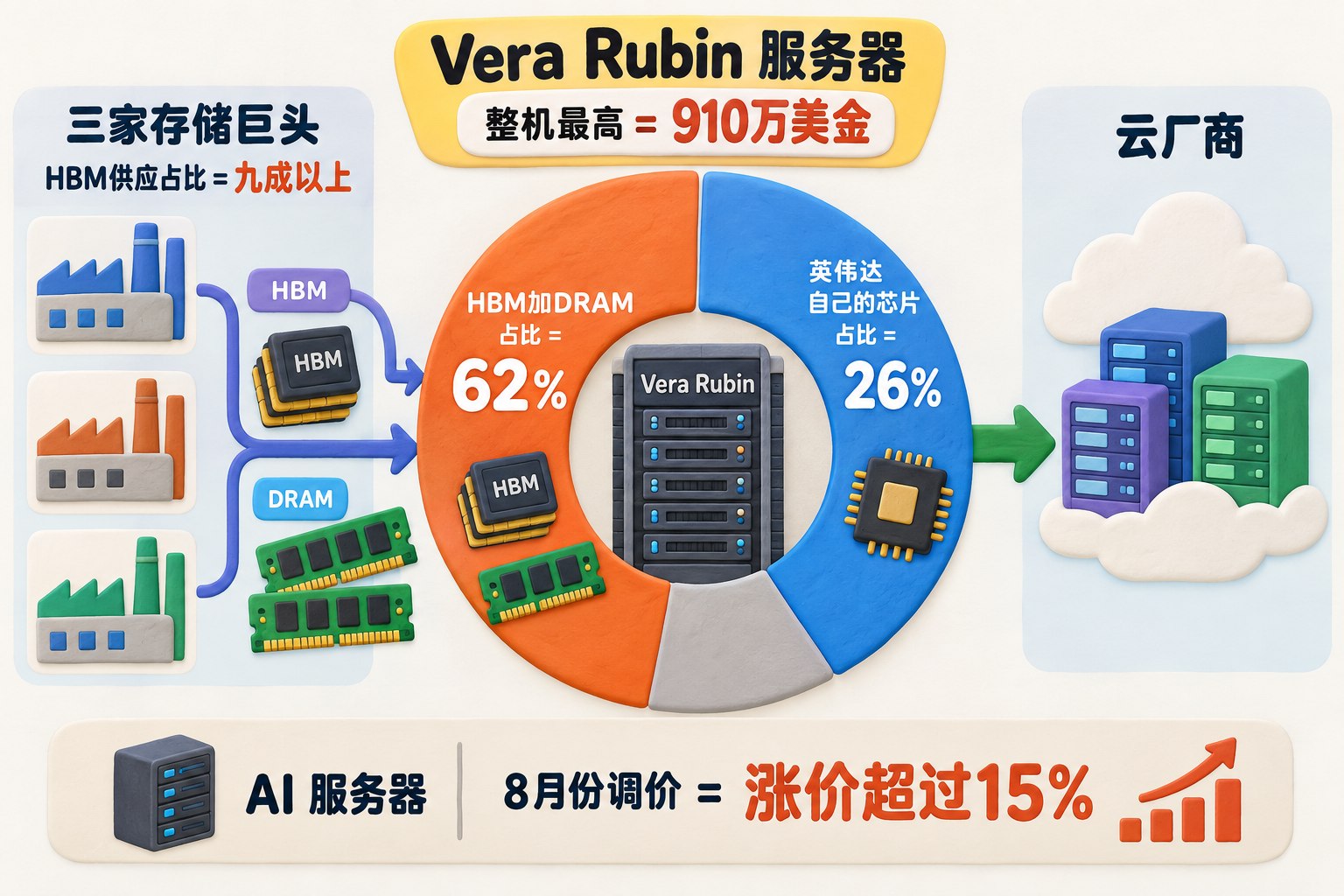 一台Vera Rubin服务器被拆成平面的成本占比圆环,英伟达芯片与HBM加DRAM分置两侧,上游三家存储巨头通过价格箭头指向服务器,再由服务器指向云厂商;用芯片块、内存条和服务器轮廓表达供应链,不依赖品牌标志