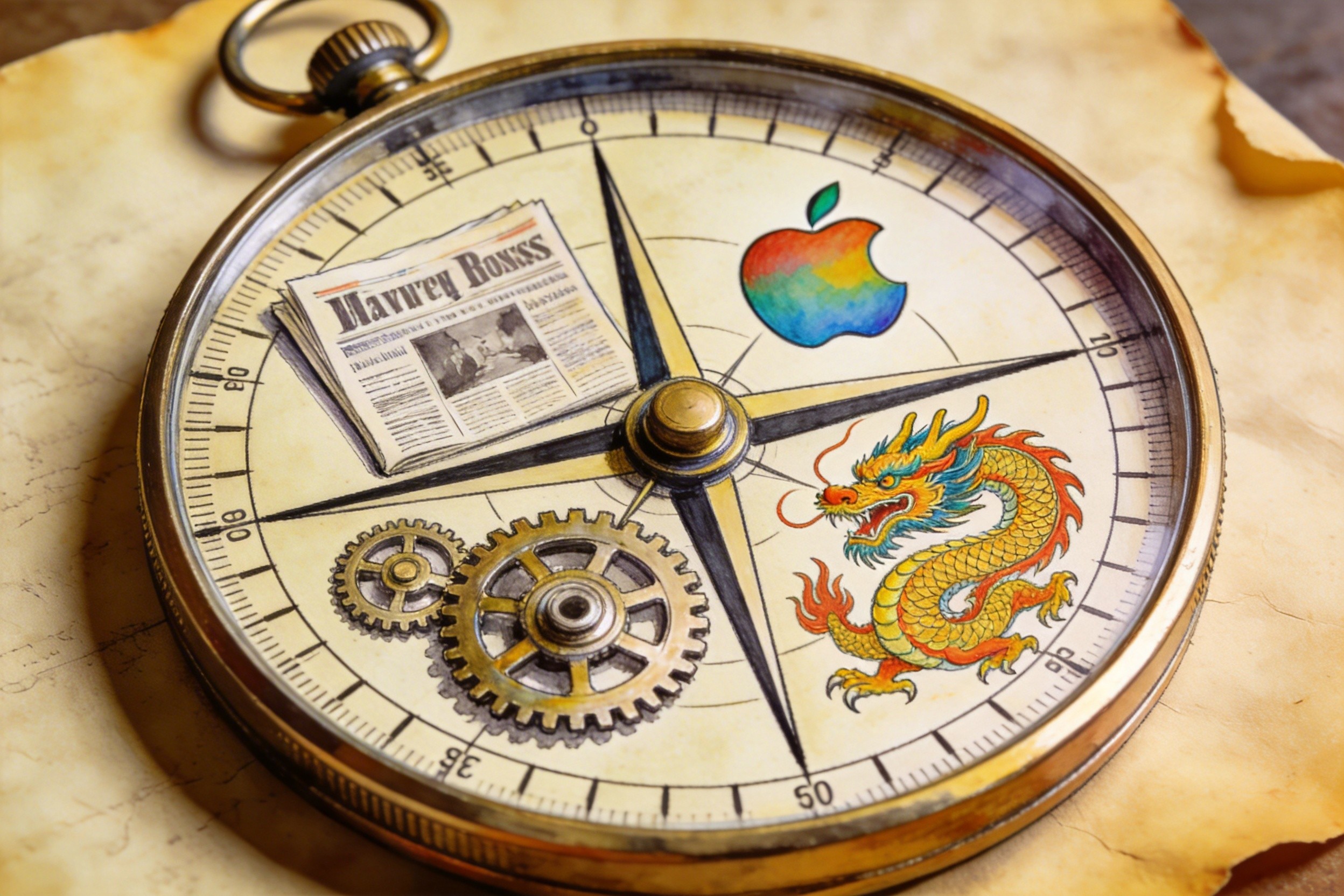 一个精密的罗盘被分成四个区域，分别绘有报纸、苹果标志、齿轮和东方龙纹，象征本期内容的四个维度，羊皮纸，钢笔彩色手绘的统一风格。