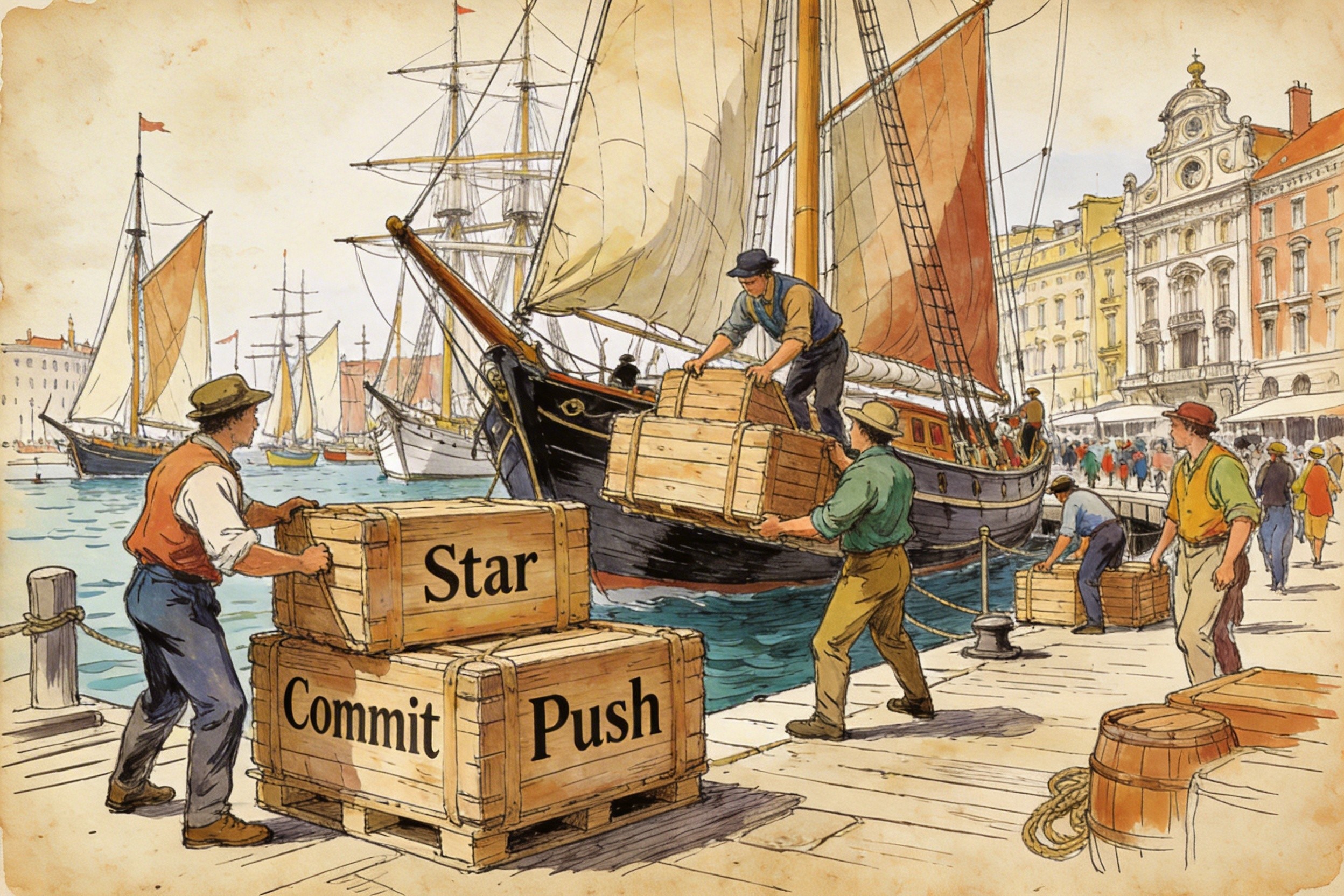 一个繁忙的复古港口码头，工人们正在将标有Star、Commit、Push字样的货物装载上一艘艘准备启航的帆船，羊皮纸，钢笔彩色手绘的统一风格。