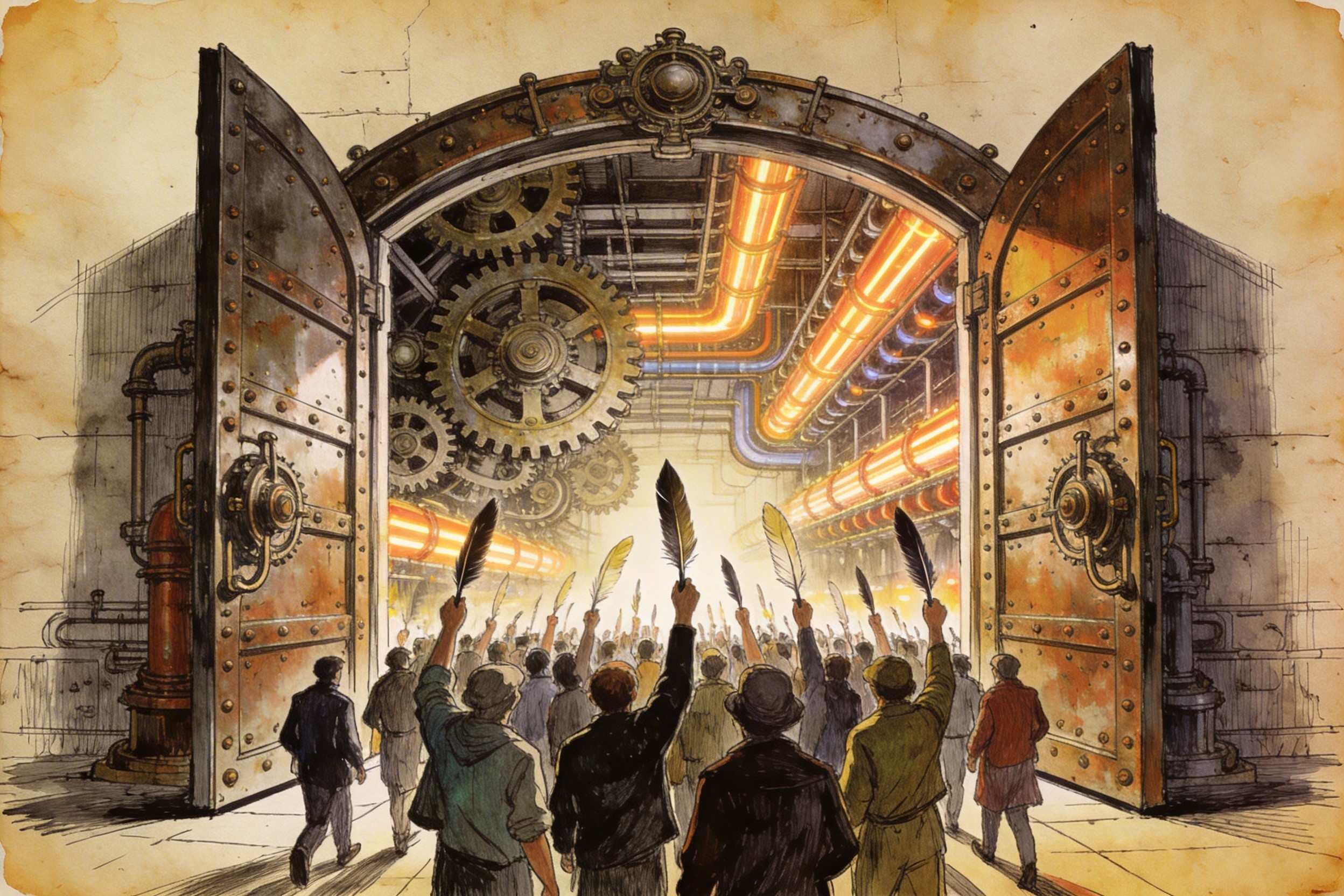 一扇宏伟的大门缓缓打开，门外是拿着普通羽毛笔的平民大众，门内是复杂的机械齿轮，象征技术门槛降低后的平权，羊皮纸，钢笔彩色手绘的统一风格。
