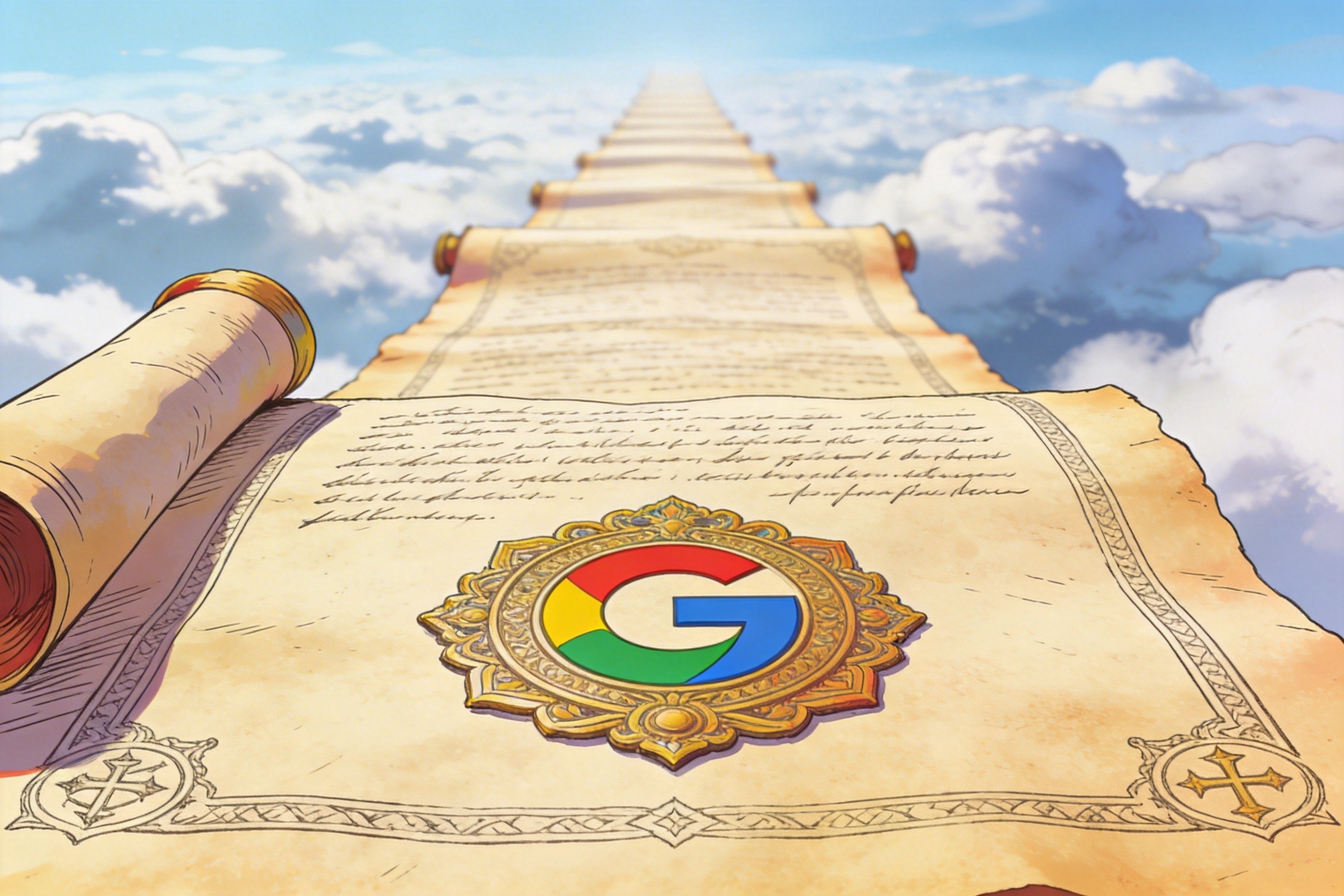 一张无限延伸的卷轴契约，上面印着谷歌配色的印章，卷轴末端消失在远方的云雾中，象征100年的超长期债券，羊皮纸，钢笔彩色手绘的统一风格。