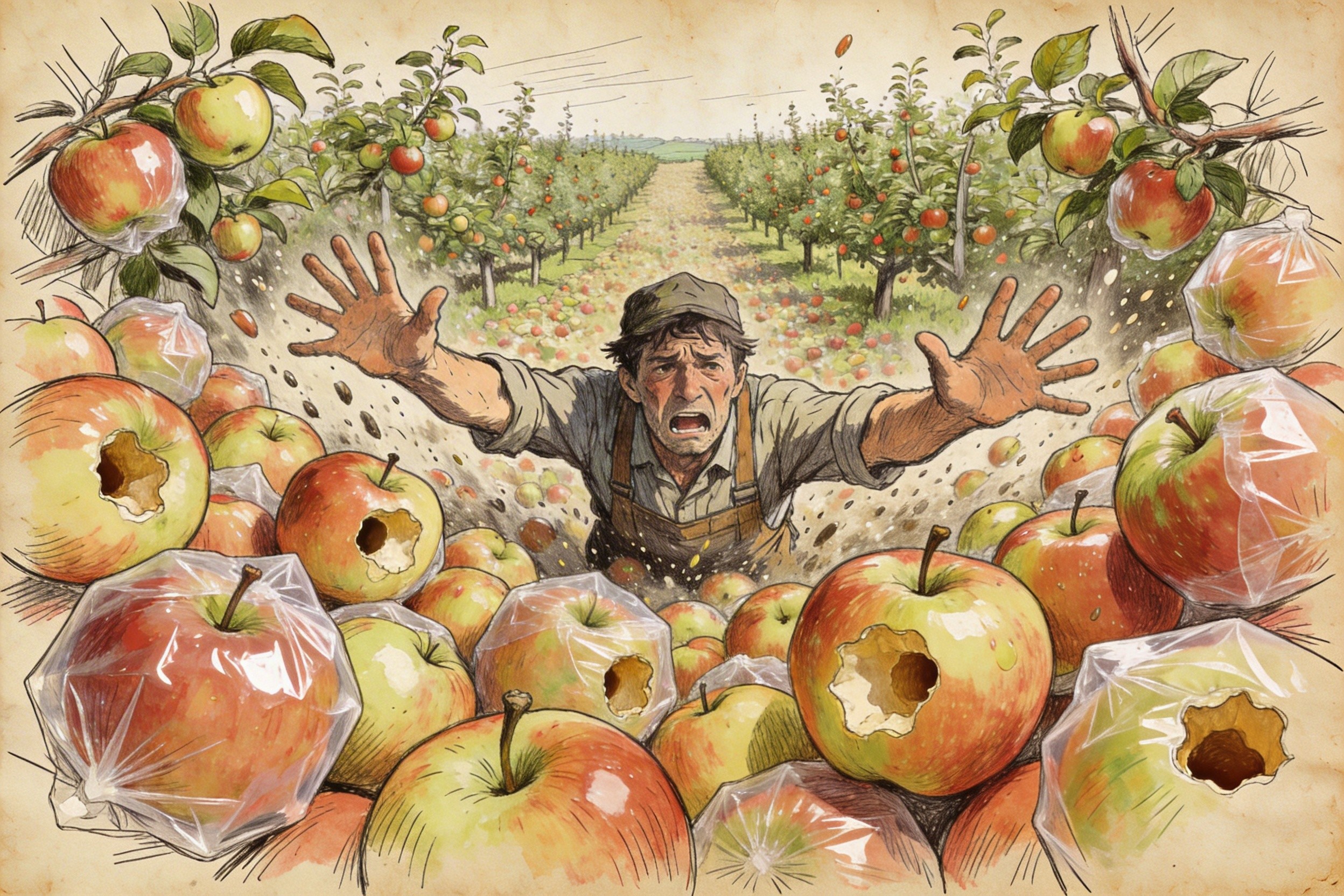 苹果园里，一位精疲力尽的园丁正试图阻挡如洪水般涌来的苹果，其中许多苹果看起来是空心或塑料做的，象征劣质套壳应用，羊皮纸，钢笔彩色手绘的统一风格。