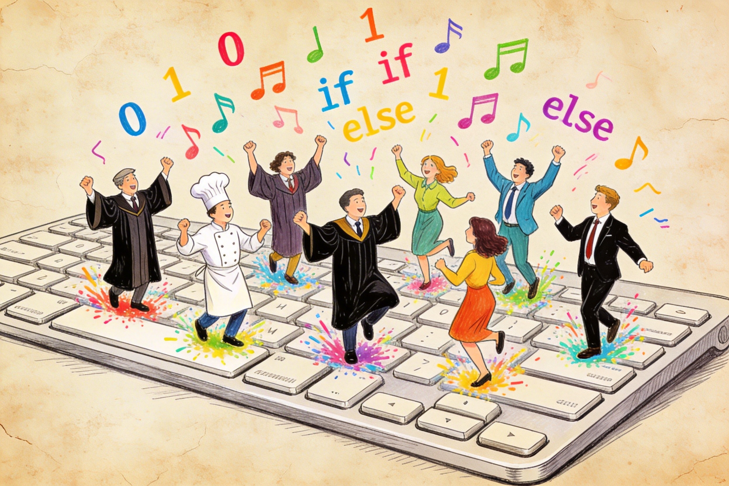 一群穿着律师袍、厨师服和西装的非程序员，正兴奋地在巨大的键盘上跳舞，创造出五颜六色的代码音符，羊皮纸，钢笔彩色手绘的统一风格。