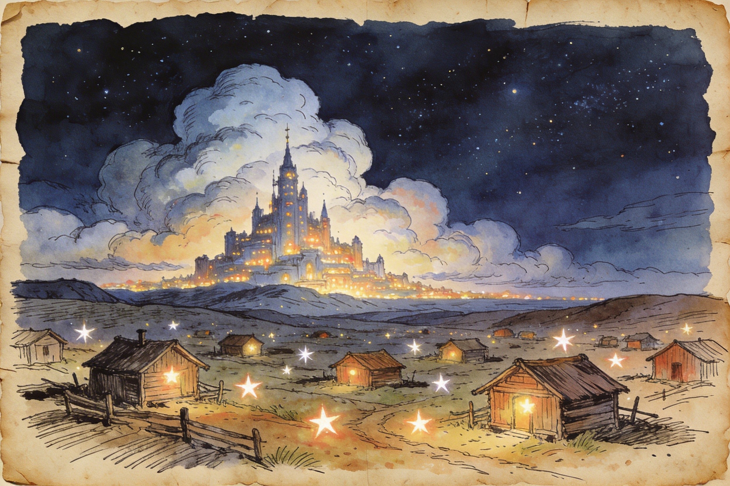 荒野中散落着许多简陋但发着微光的小木屋（象征初级应用），远处地平线上巨大的云端城堡正在拔地而起，羊皮纸，钢笔彩色手绘的统一风格。