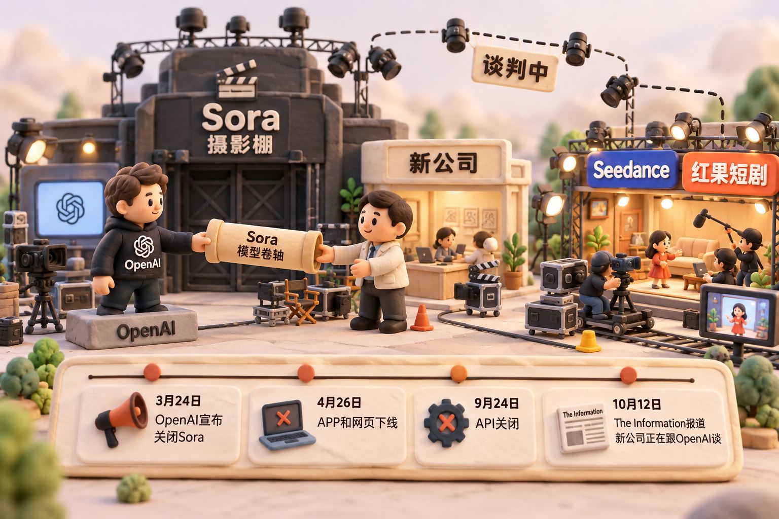 微缩电影片场中央是一座尚未点亮的Sora摄影棚，OpenAI的模型卷轴由摄影棚一侧递向一间标着“新公司”的工作室；另一侧是Seedance与红果短剧组成的正在运转的短剧舞台，画面用虚线和未点亮的灯光表现“谈判中”，不呈现Sora已经重新上线