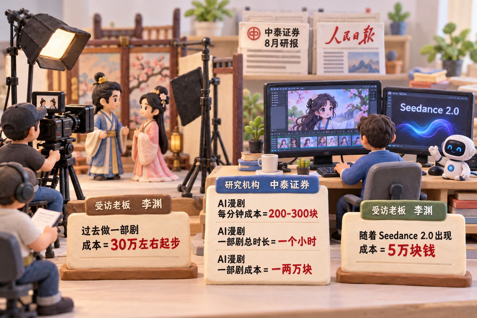 一座微缩拍摄桌上，一侧是由演员、摄影机和灯具构成的真人短剧片场，另一侧是由AI工作台生成的漫剧镜头；两种制作成本分别写在各自的橡皮泥小立标上，研究机构和受访老板的口径分开放置，不做比例几何图
