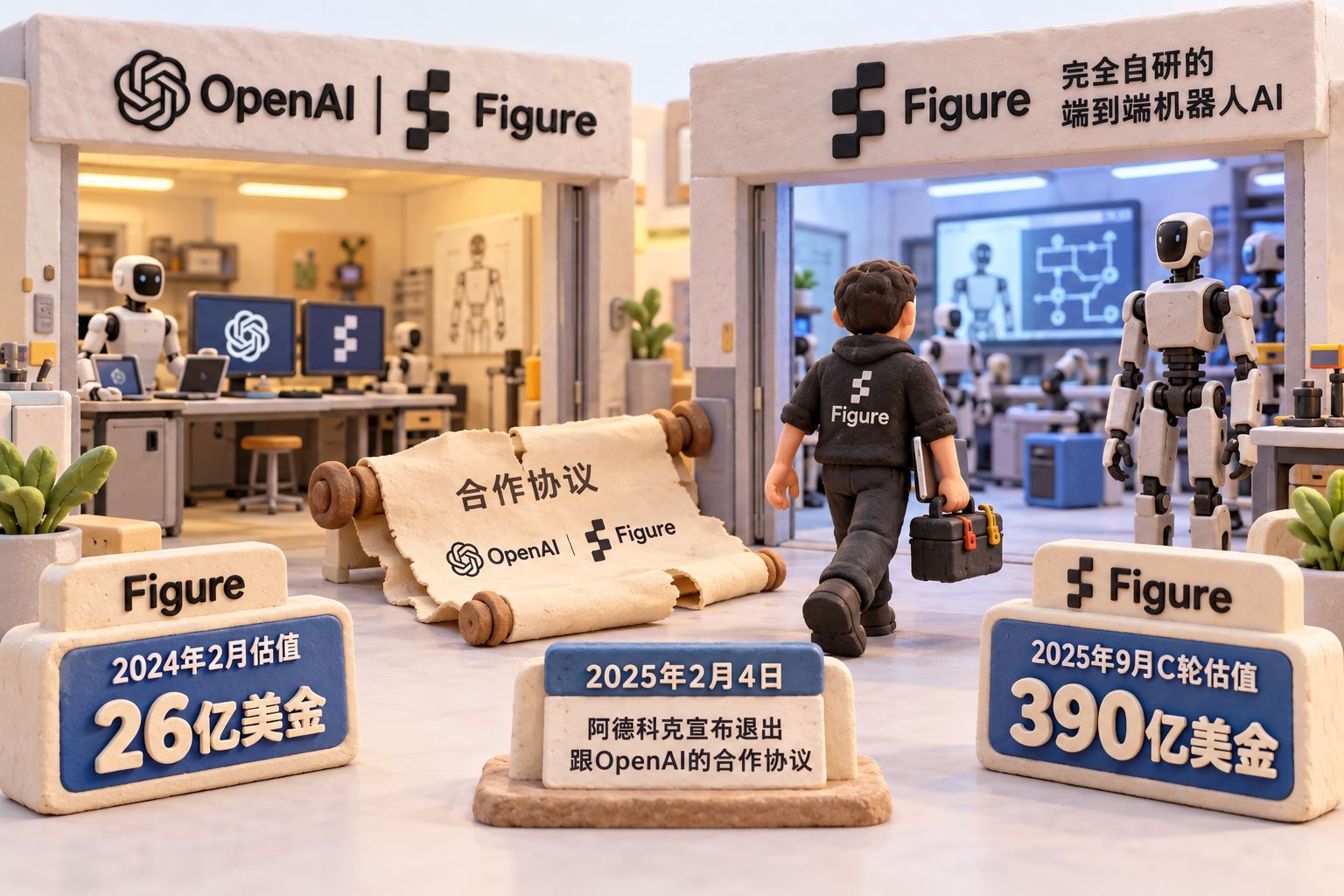两间相邻的机器人实验室中，一间是OpenAI与Figure曾经合作的模型工作台，另一间是Figure自研机器人AI的工作台；两间之间的协议卷轴已经被解开，人物拿着自己的研发工具走向后一间