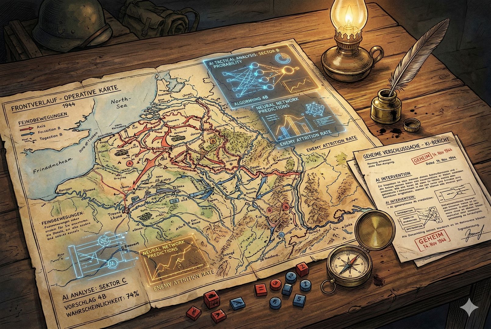 一张摊开的旧式作战地图与纸面情报报告铺在木桌上，桌边摆着羽毛笔、指南针和几枚标记棋子，象征人工智能介入战争分析的开场氛围，羊皮纸，钢笔彩色手绘的统一风格。
