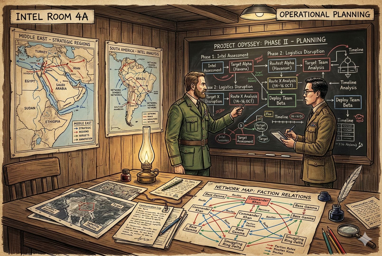 一间昏黄灯光下的情报室，墙上挂着中东与南美地图，桌面堆满卫星照片、通信记录和带箭头的关系图，两名军官凝视一块写满推演步骤的黑板，羊皮纸，钢笔彩色手绘的统一风格。