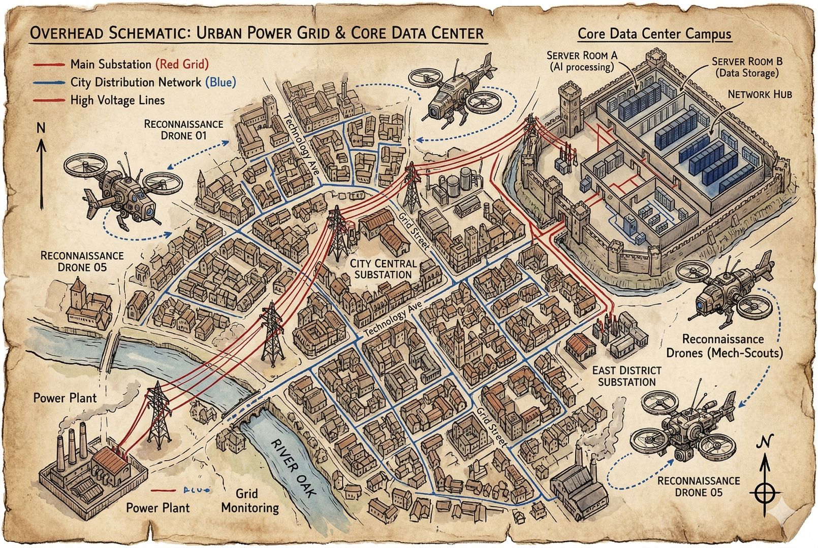 一幅俯视视角的城市电网与数据中心示意图，变电站、高压线路和服务器机房被红蓝两色墨线标注，几只机械风格的侦察无人机在上空盘旋，羊皮纸，钢笔彩色手绘的统一风格。