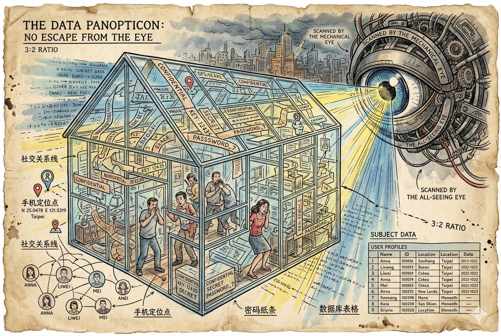 一座由无数密码纸条、手机定位点、社交关系线和数据库表格拼成的透明玻璃屋，屋内人物无处隐藏，屋外一只巨大的机械眼正在逐层扫描，羊皮纸，钢笔彩色手绘的统一风格。