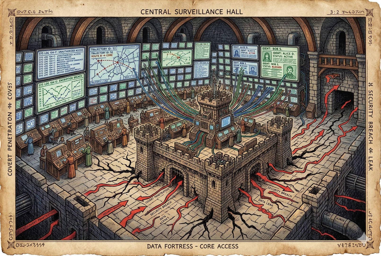 一座巨大的中央监控大厅里，成排屏幕显示日志、轨迹与身份数据，中央高台像堡垒一样汇聚所有信息，周围却出现多条隐秘裂缝与渗透箭头，羊皮纸，钢笔彩色手绘的统一风格。