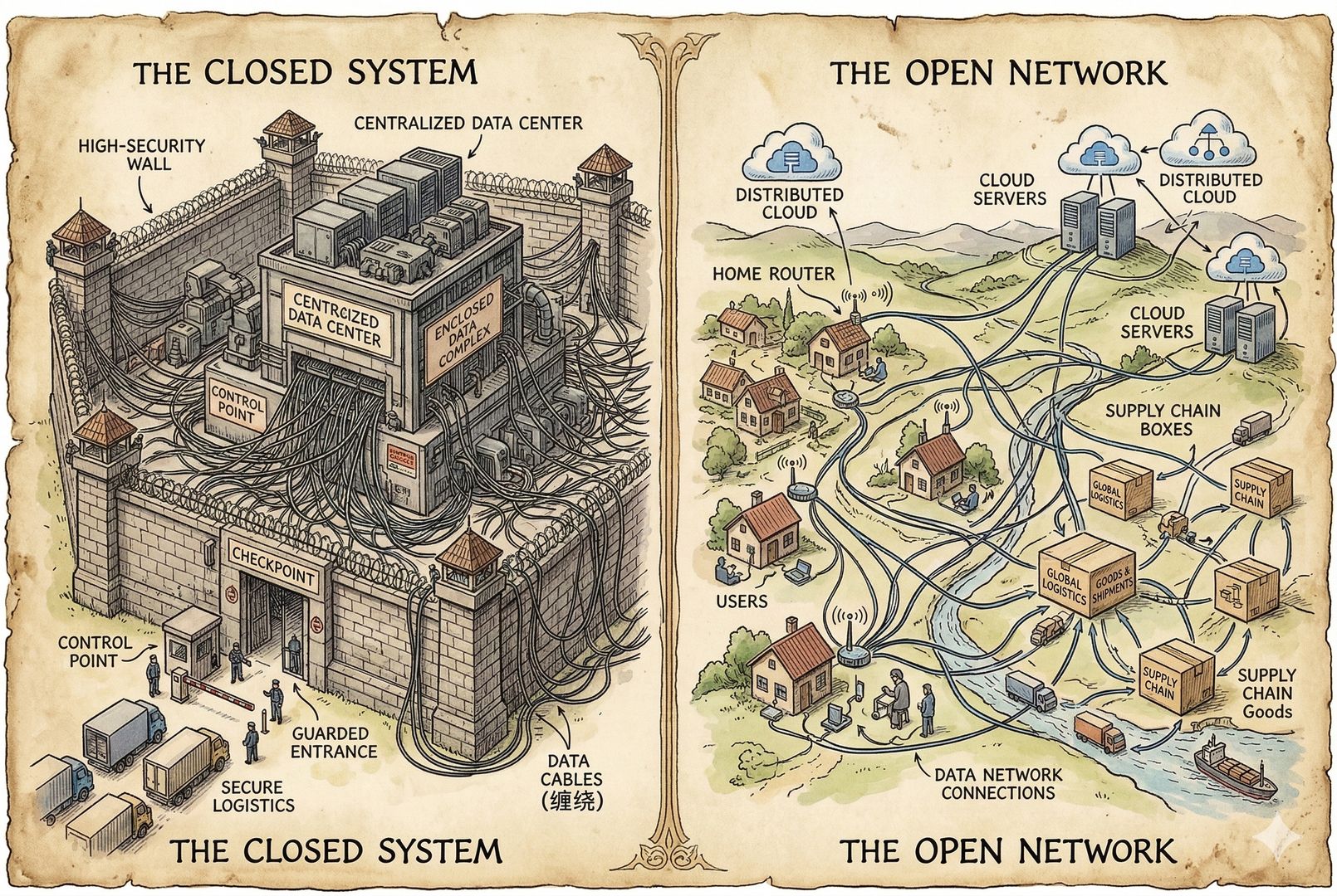 一张对比式画面，左侧是高墙、关卡与集中机房构成的封闭系统，右侧是分散的家庭路由器、云服务器和供应链箱体连成网络，两边都被细小的数据线缠绕，羊皮纸，钢笔彩色手绘的统一风格。