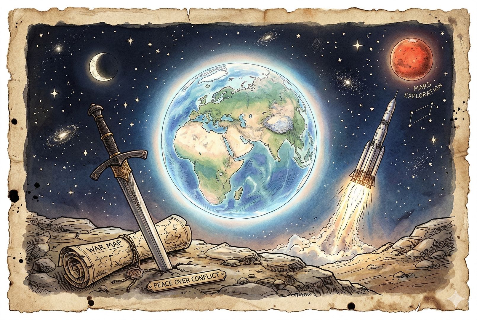 夜空下的地球被柔和光晕环绕，前景是一张收起的作战地图与放下的长剑，远处火箭正向星空升起，象征放弃冲突、转向和平与探索火星，羊皮纸，钢笔彩色手绘的统一风格。