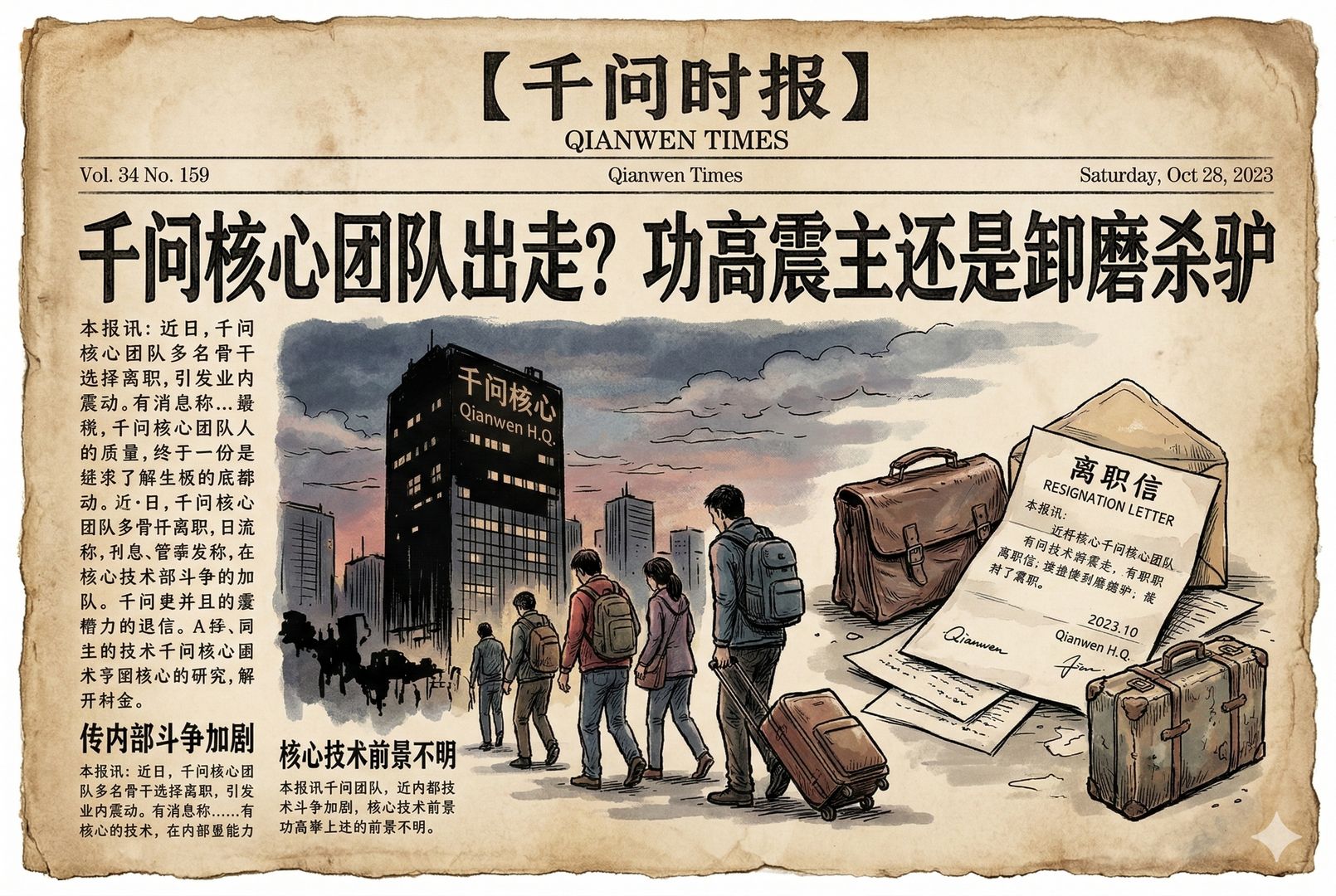 一张旧报纸风格的标题版面，标题写着“千问核心团队出走？功高震主还是卸磨杀驴”，旁边是企业大楼剪影与行李箱、离职信的意象组合，羊皮纸，钢笔彩色手绘的统一风格。