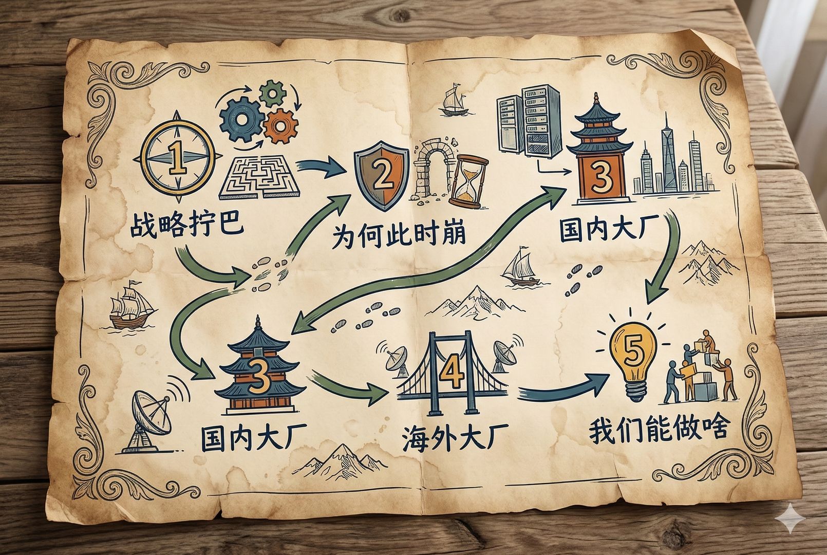 一张铺开的羊皮纸“路线图”，上面用钢笔画出五个编号节点与箭头，节点旁分别写“战略拧巴/为何此时崩/国内大厂/海外大厂/我们能做啥”，像节目提纲的手绘导览，羊皮纸，钢笔彩色手绘的统一风格。