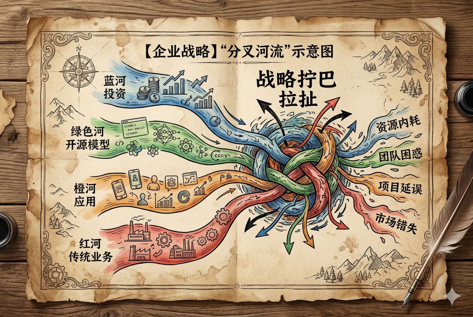 一幅企业组织“分叉河流”示意图：四条不同颜色的河道分别标注“投资/开源模型/应用/传统业务”，在中间互相拧在一起形成漩涡，象征战略拧巴与拉扯，羊皮纸，钢笔彩色手绘的统一风格。