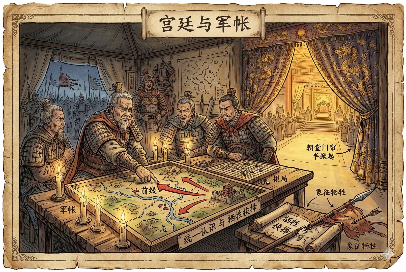 一幅“宫廷与军帐”的隐喻场景：烛光下的军帐里摆着沙盘与棋局，几位将领指向前线箭头，旁边的朝堂门帘半掀起，象征统一认识与牺牲抉择，羊皮纸，钢笔彩色手绘的统一风格。