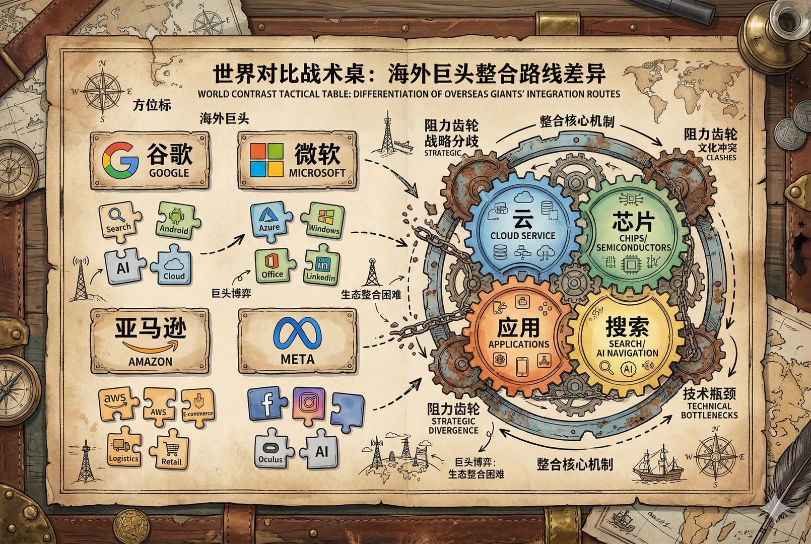 一张“世界对比战术桌”俯视图：左侧画着谷歌、微软、亚马逊、Meta 的标牌与拼图块，右侧画着云、芯片、应用、搜索等模块相互嵌合与阻力齿轮，象征海外巨头整合路线差异，羊皮纸，钢笔彩色手绘的统一风格。