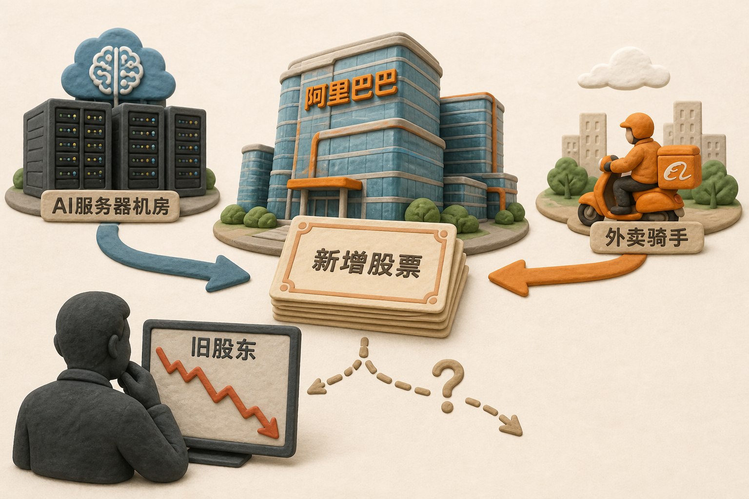 阿里巴巴抽象办公楼与一叠新增股票置于画面中央,旧股东剪影站在下跌的市场屏幕前,AI服务器机房与外卖骑手分别位于远景两侧,形成资金去向的视觉悬念,不显示具体数值、数字、日期、比例或排名,只显示以上文字与数据,不补充其他数字、日期、比例、排名或因果关系。浅色背景的商业评论版橡皮泥平面信息图的统一风格。