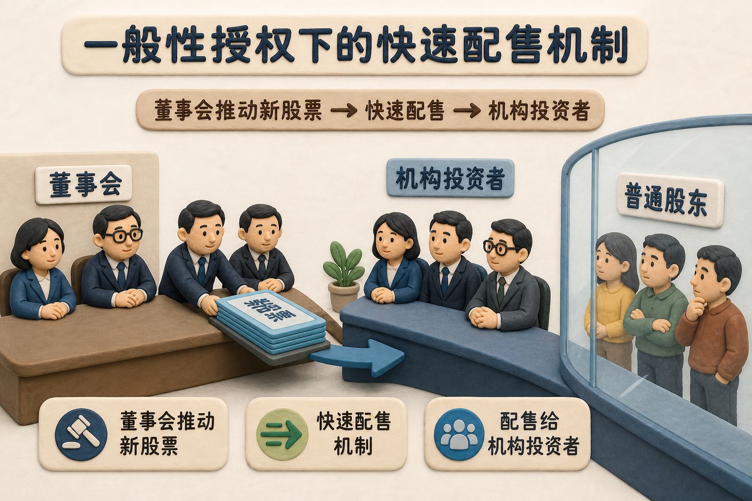 董事会在桌前推动一叠新股票进入机构投资者一侧,普通股东隔着玻璃在外围观看,画面突出一般性授权下的快速配售机制,不制作数据图表,不显示具体数值、数字、日期、比例或排名,只显示以上文字与数据,不补充其他数字、日期、比例、排名或因果关系。浅色背景的商业评论版橡皮泥平面信息图的统一风格。
