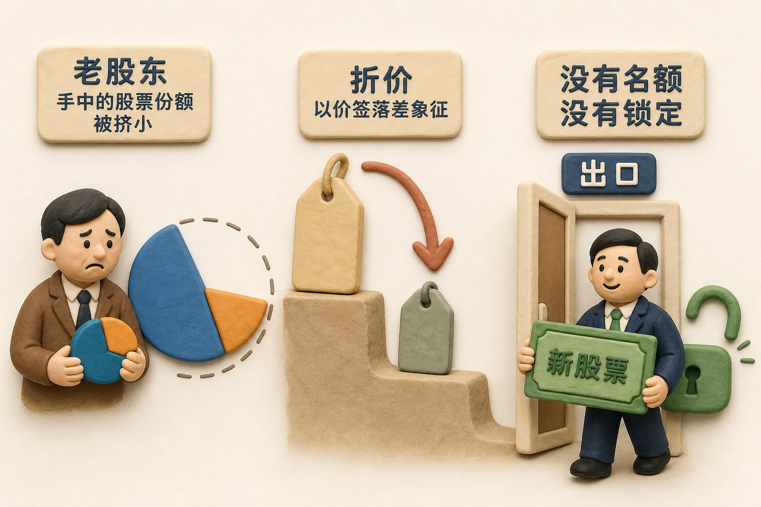 老股东手中的股票份额被挤小,机构投资者拿着未上锁的新股票站在出口旁,旁边以价签落差象征折价但不出现数值,画面同时表现折价、没有名额和没有锁定三种处境,不制作数据图表,不显示具体数值、数字、日期、比例或排名,只显示以上文字与数据,不补充其他数字、日期、比例、排名或因果关系。浅色背景的商业评论版橡皮泥平面信息图的统一风格。