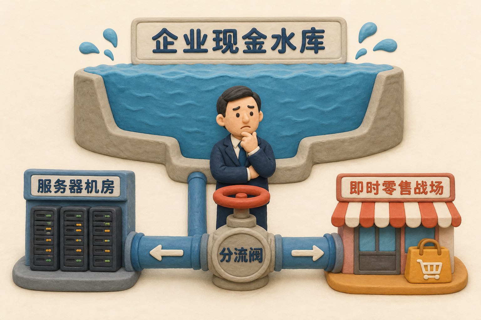 企业现金水库同时流向服务器机房和即时零售战场,财务负责人站在分流阀前权衡资金去向,以水位压力表达现金流紧张,不制作数据图表,不显示具体数值、数字、日期、比例或排名,只显示以上文字与数据,不补充其他数字、日期、比例、排名或因果关系。浅色背景的商业评论版橡皮泥平面信息图的统一风格。