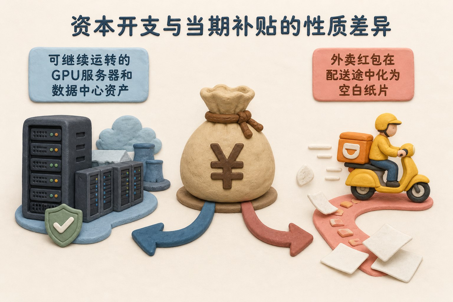 左侧是可继续运转的GPU服务器和数据中心资产,右侧是外卖红包在配送途中化为空白纸片,中间的钱袋面临两条去向,突出资本开支与当期补贴的性质差异,不制作数据图表,不显示具体数值、数字、日期、比例或排名,只显示以上文字与数据,不补充其他数字、日期、比例、排名或因果关系。浅色背景的商业评论版橡皮泥平面信息图的统一风格。