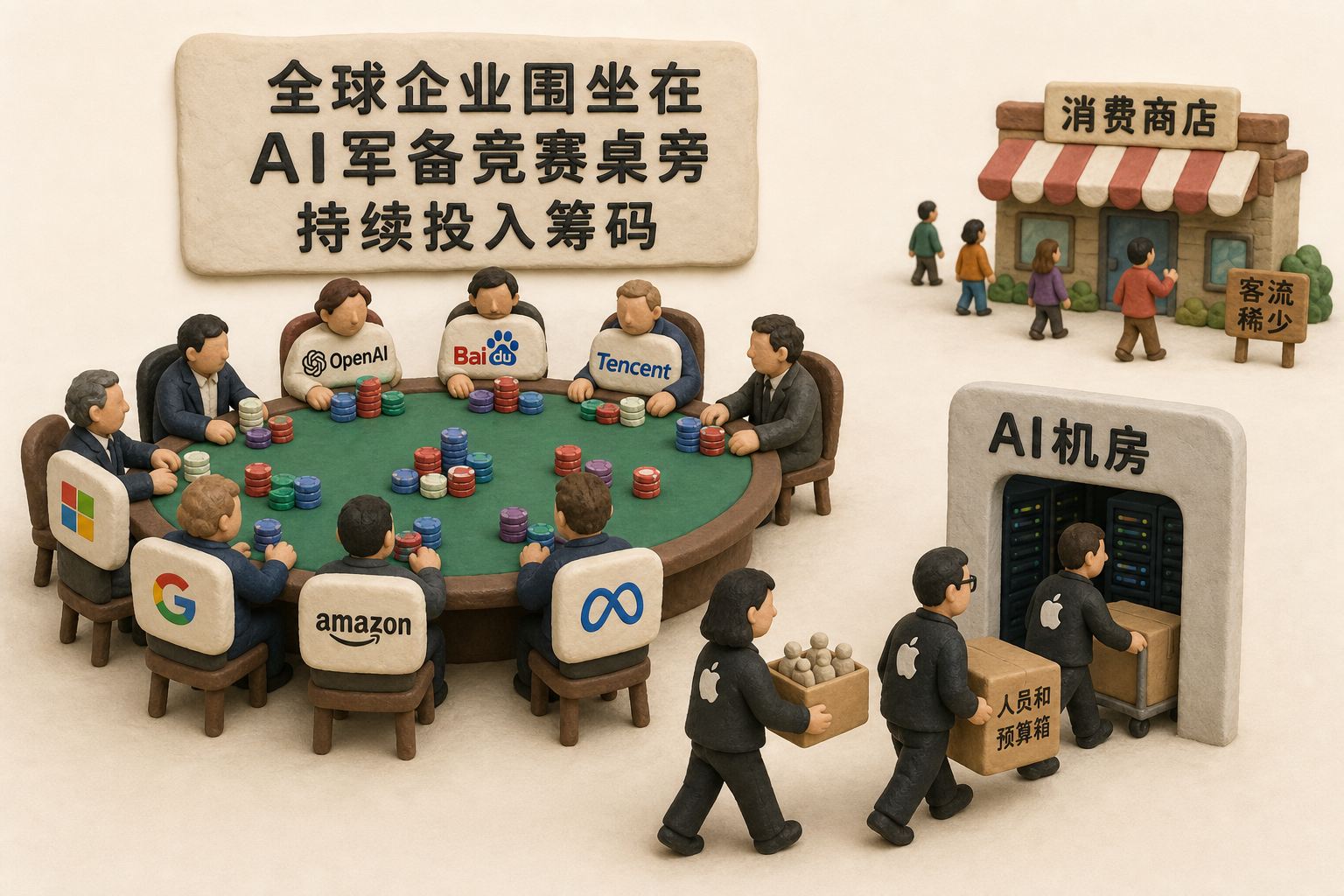 全球企业围坐在AI军备竞赛桌旁持续投入筹码,消费商店位于远处且客流稀少,苹果团队把人员和预算箱搬向AI机房,不制作数据图表,不显示具体数值、数字、日期、比例或排名,只显示以上文字与数据,不补充其他数字、日期、比例、排名或因果关系。浅色背景的商业评论版橡皮泥平面信息图的统一风格。