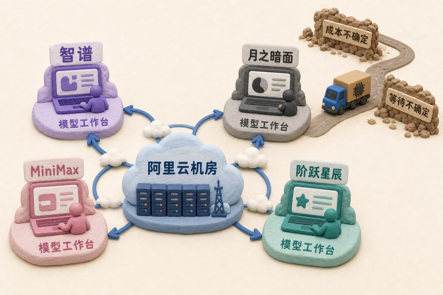 阿里云机房位于中央,智谱、MiniMax、月之暗面和阶跃星辰以不同模型工作台环绕并回连云端,远处芯片运输路径出现成本与等待的不确定障碍,不制作数据图表,不显示具体数值、数字、日期、比例或排名,只显示以上文字与数据,不补充其他数字、日期、比例、排名或因果关系。浅色背景的商业评论版橡皮泥平面信息图的统一风格。