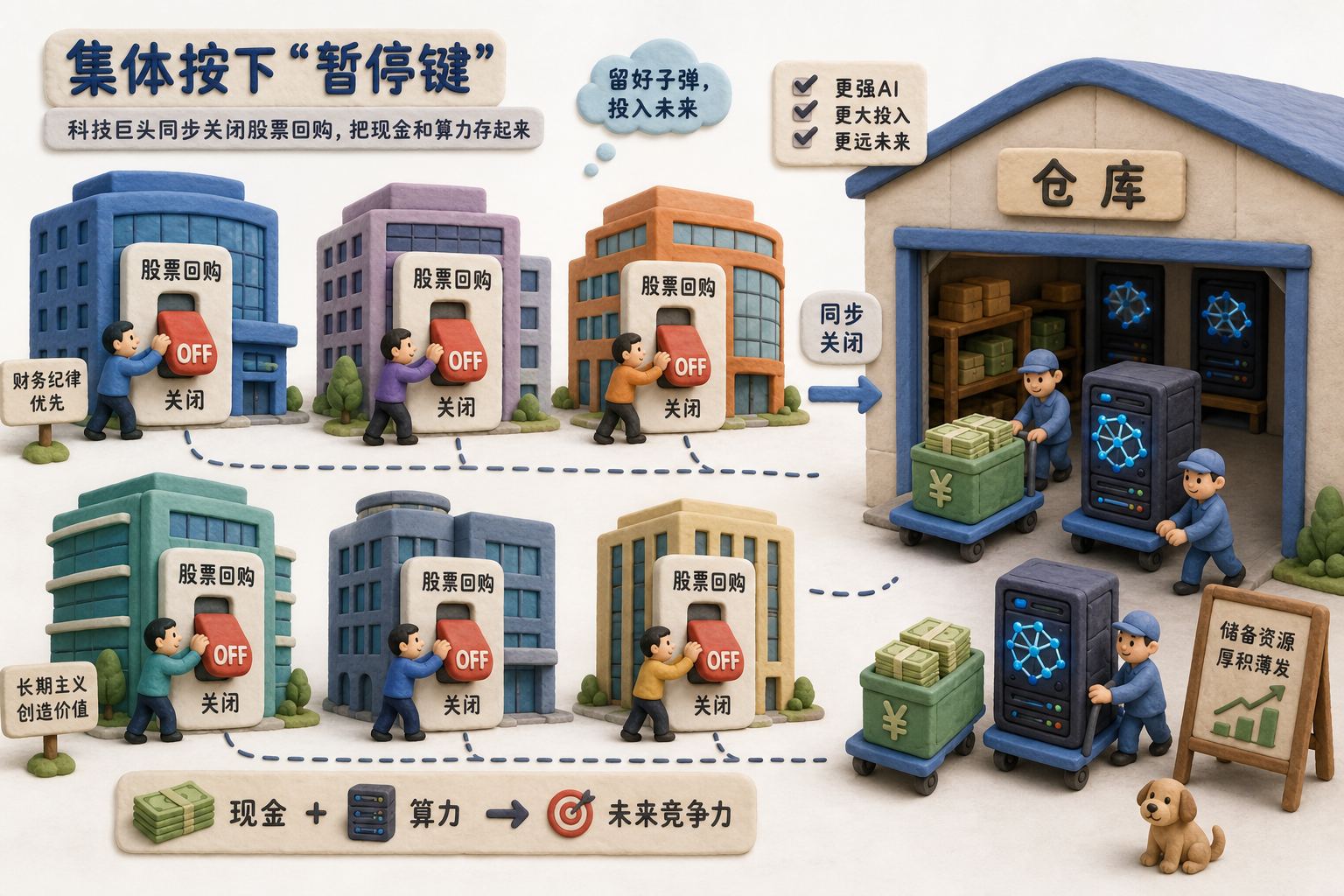 几家科技巨头的卡通总部同时把“股票回购”开关拨到关闭，旁边现金箱和AI服务器被推入仓库，浅色背景的商业评论版橡皮泥平面信息图的统一风格。