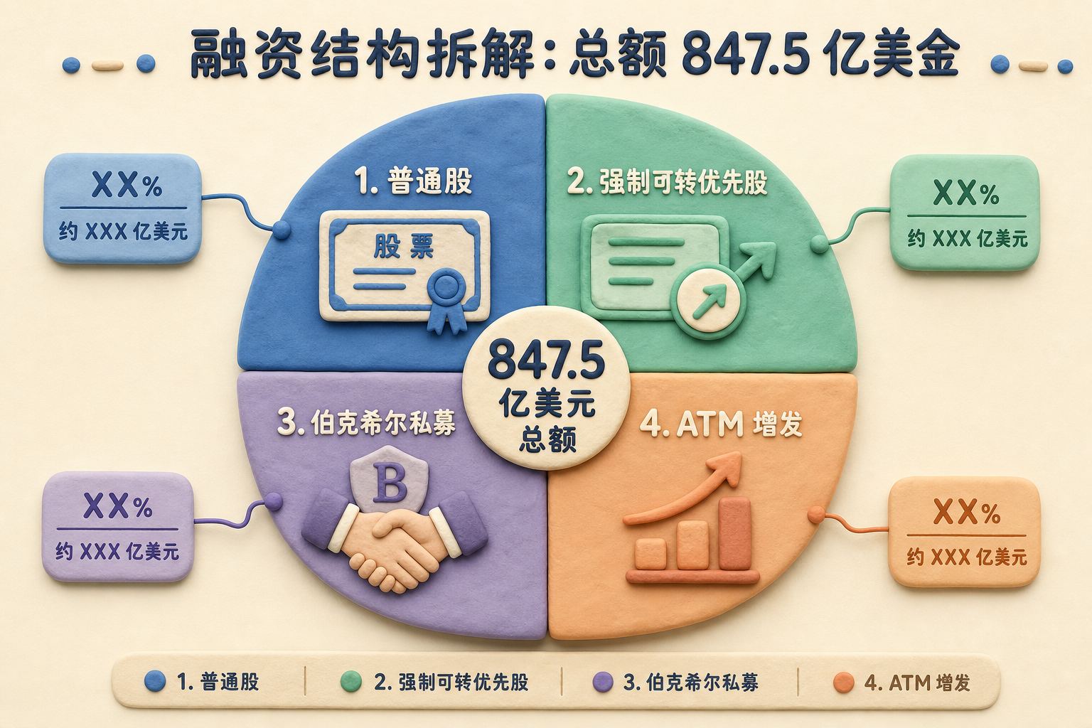 一张融资结构拆解图，847.5亿美金总额被分成普通股、强制可转优先股、伯克希尔私募和ATM增发四个模块，浅色背景的商业评论版橡皮泥平面信息图的统一风格。
