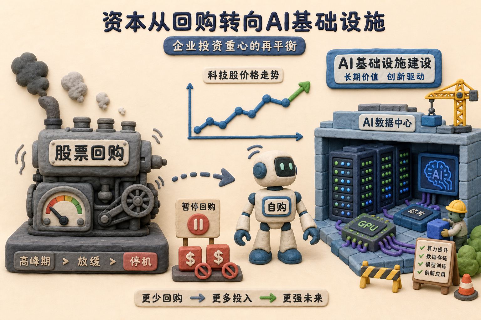 一台写着“股票回购”的发动机逐渐熄火，科技股价格曲线旁的公司自购机器人停止买入并转向AI机房建设，浅色背景的商业评论版橡皮泥平面信息图的统一风格。